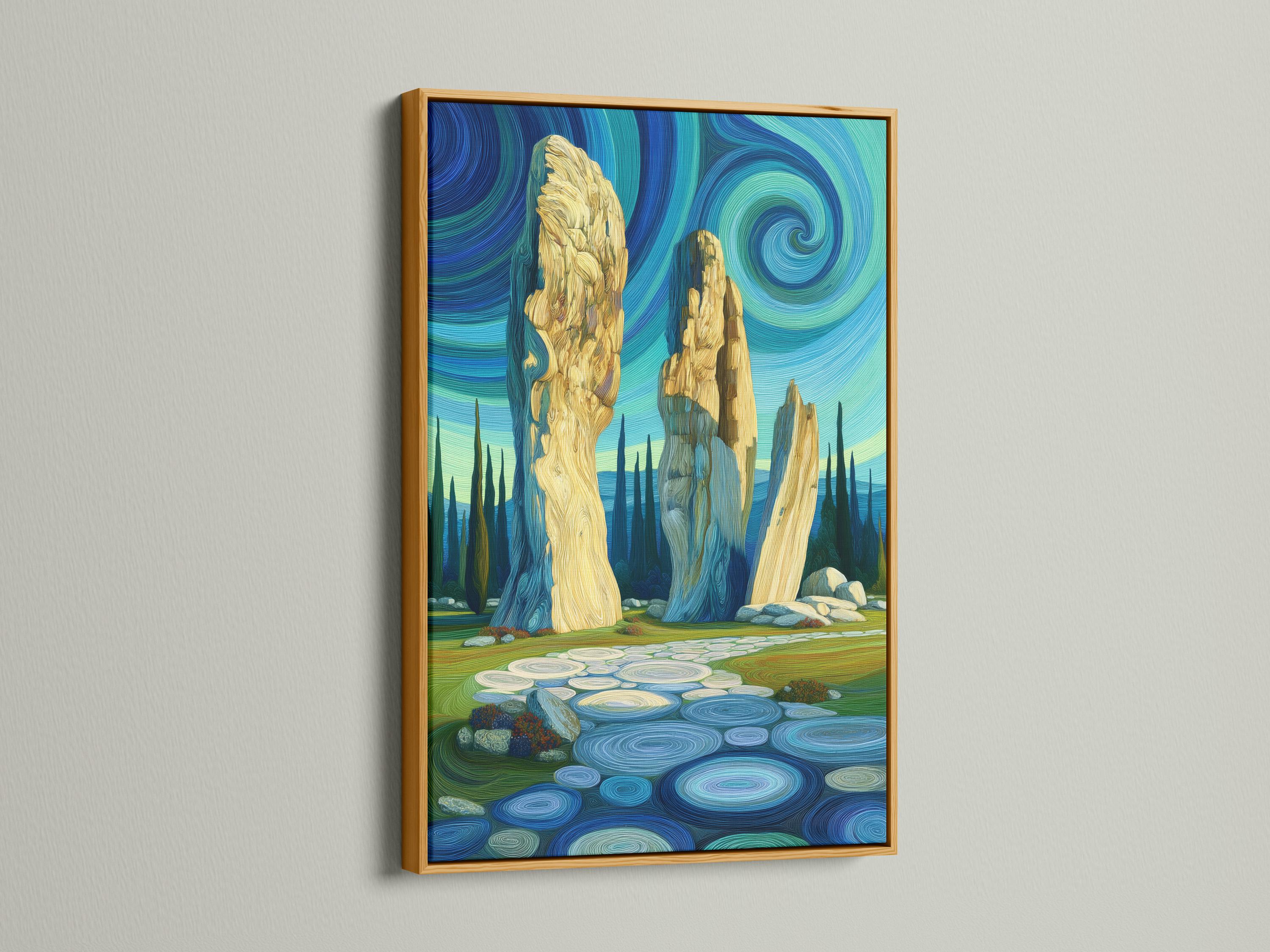 Stylised stone pillars landscape with swirling blue sky and ripple-textured ground detail view