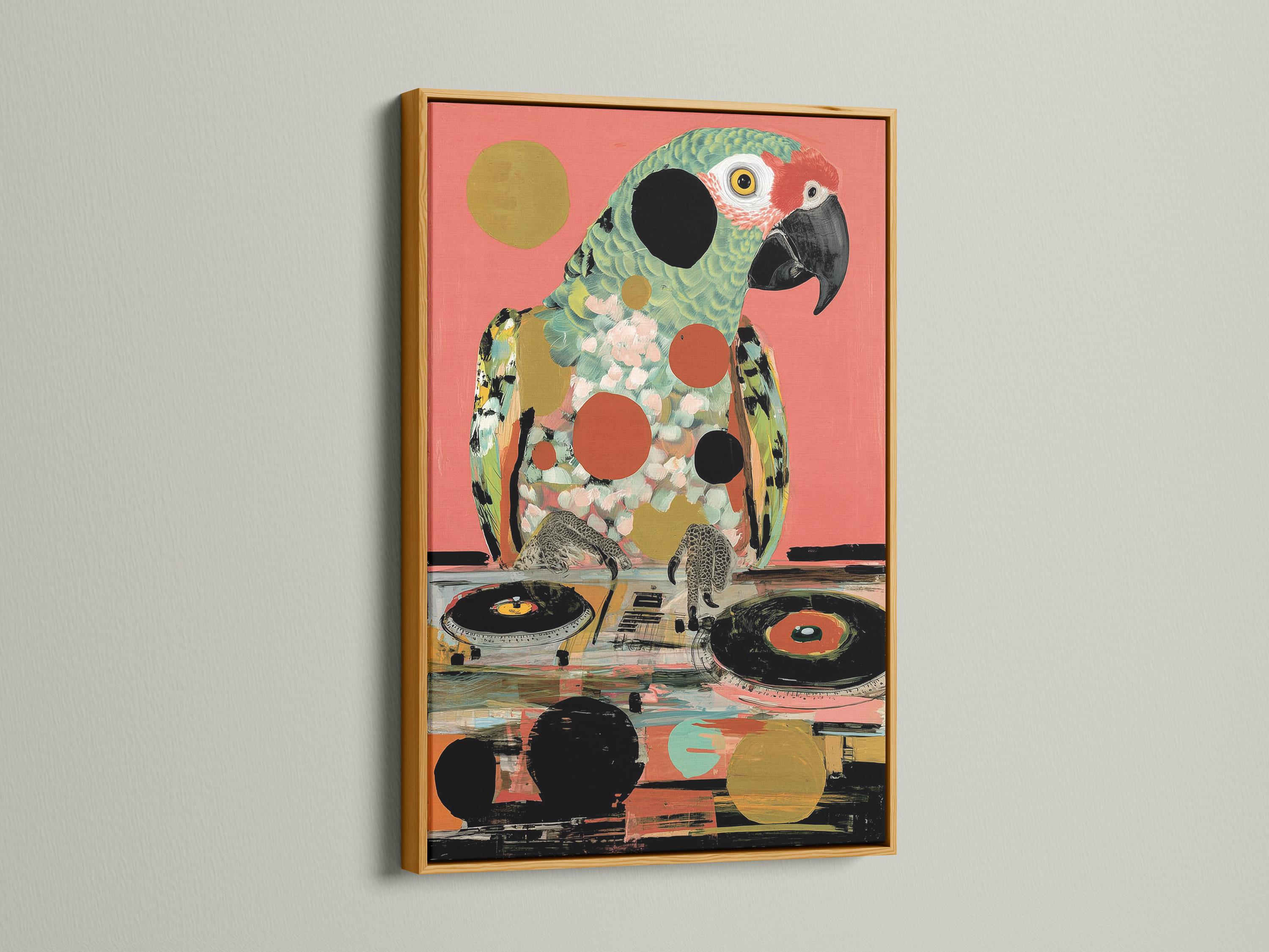 Stylised parrot portrait in hot pink with teal feathers and retro record shapes detail view