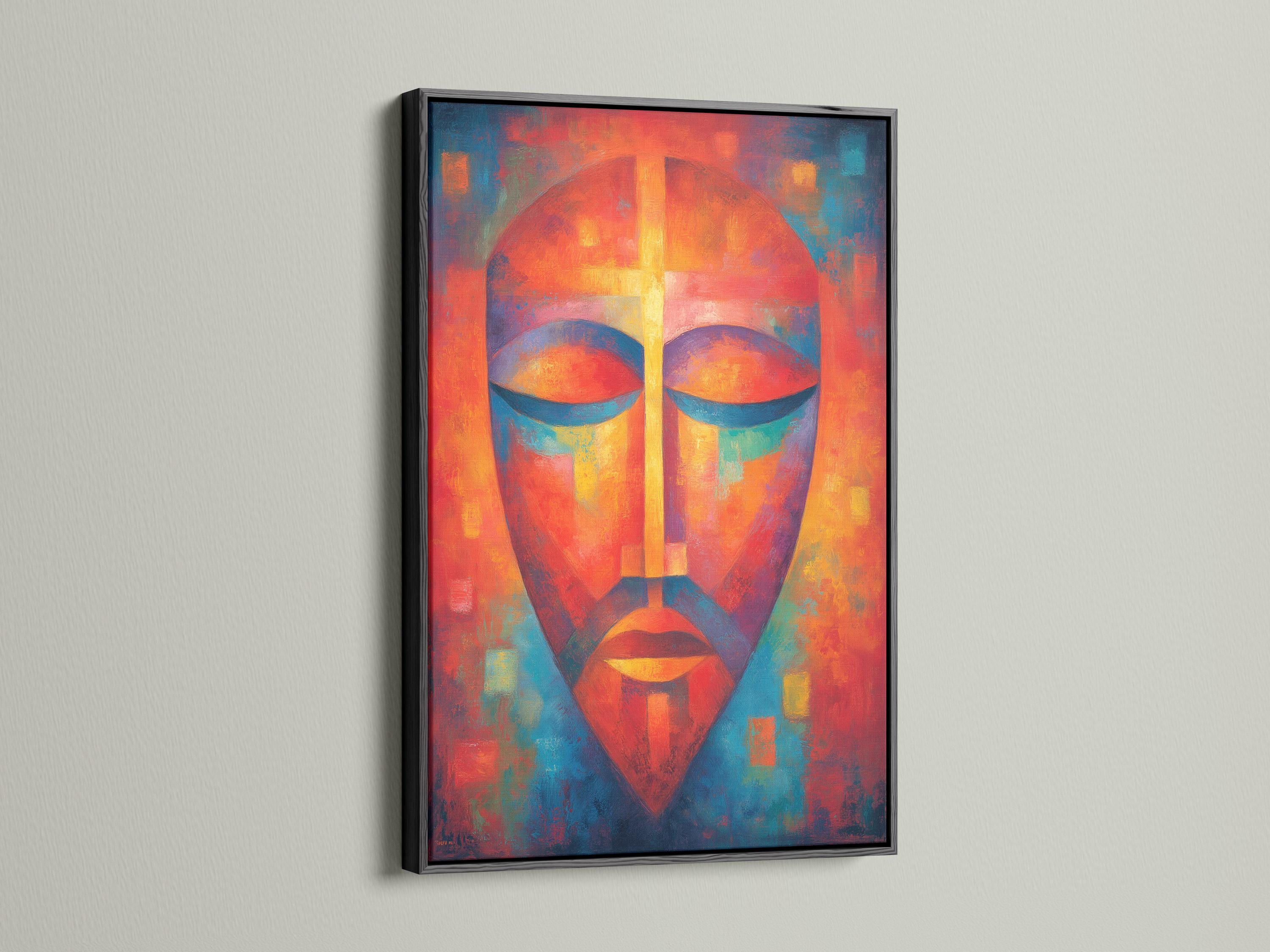 Abstract face portrait with vivid orange, teal and blue geometric shapes and a central vertical highlight detail view