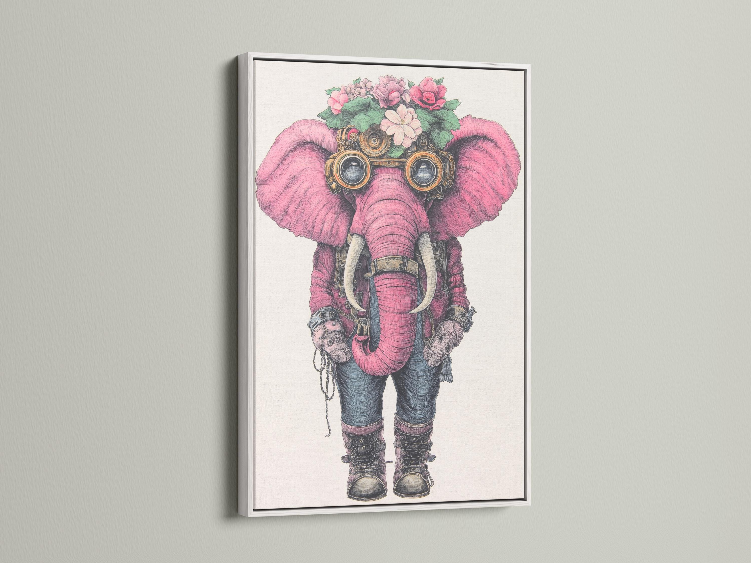 Wall art mockup showing a framed pink elephant illustration with steampunk goggles