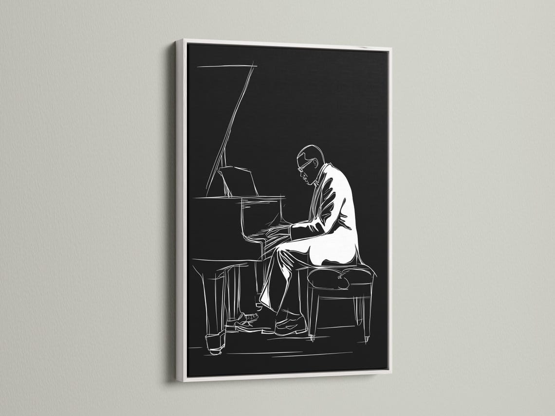 Minimalist black-and-white line drawing of a pianist playing a grand piano detail view