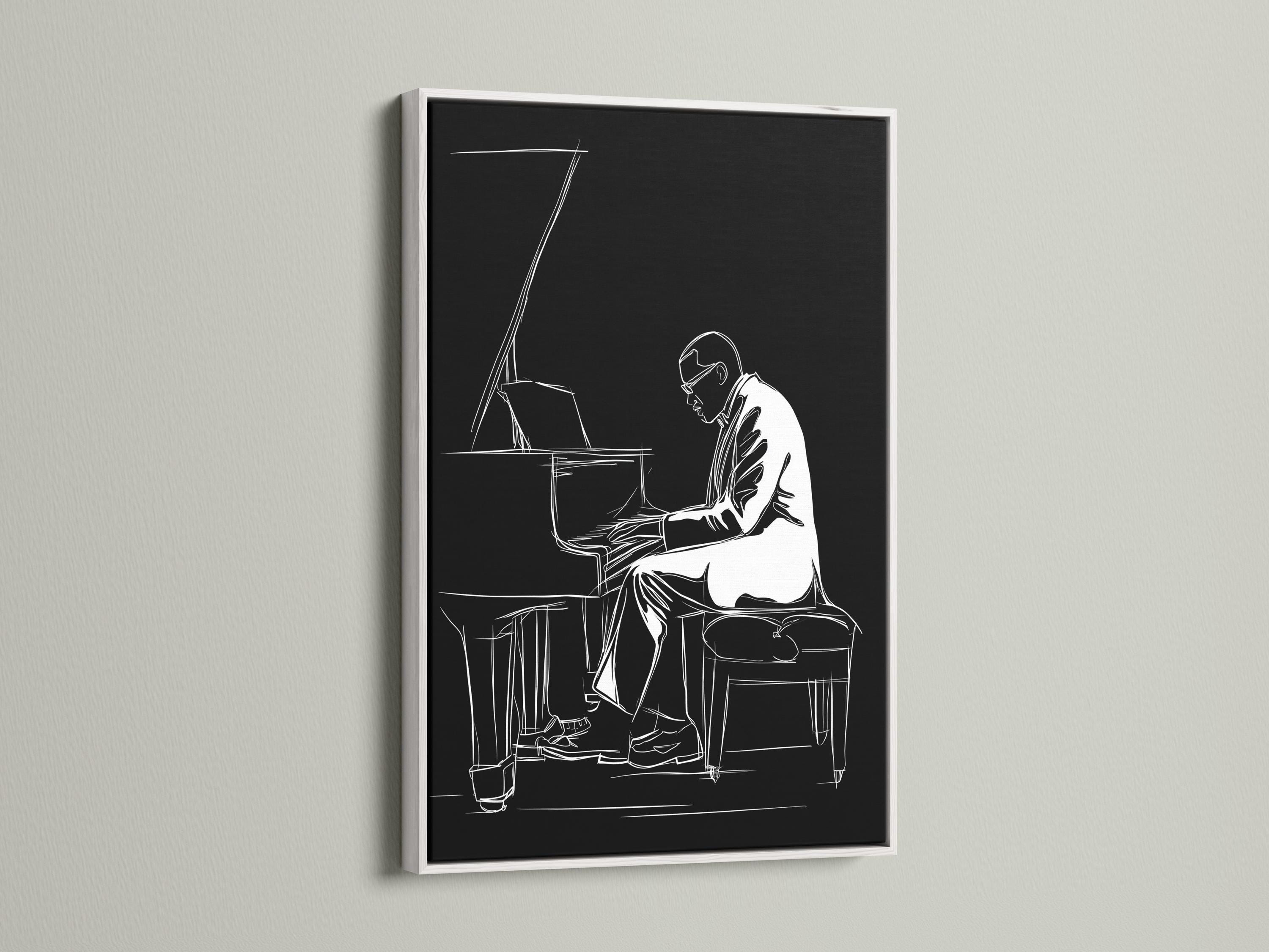 Minimalist black-and-white line drawing of a pianist playing a grand piano detail view