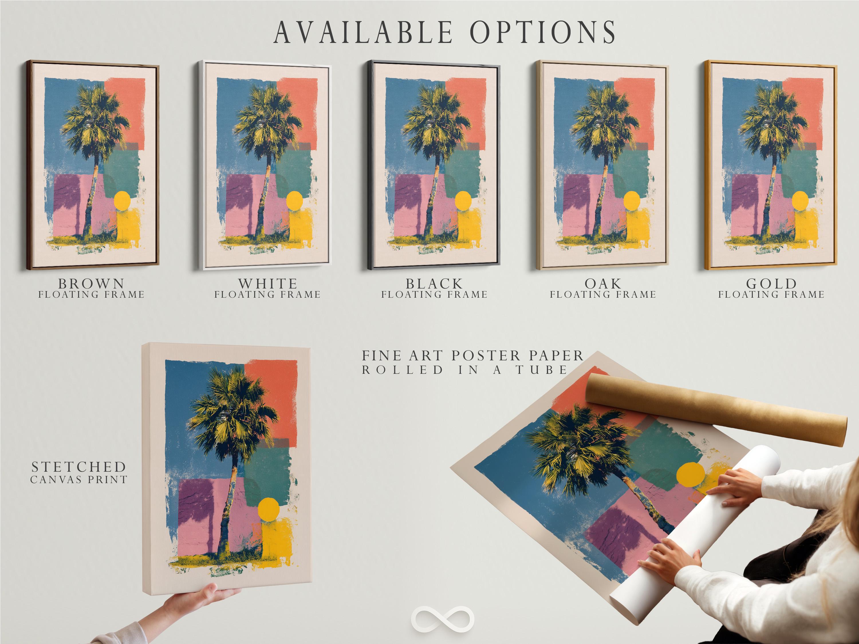 Room mockup showing palm tree pop-art wall artwork with a frame