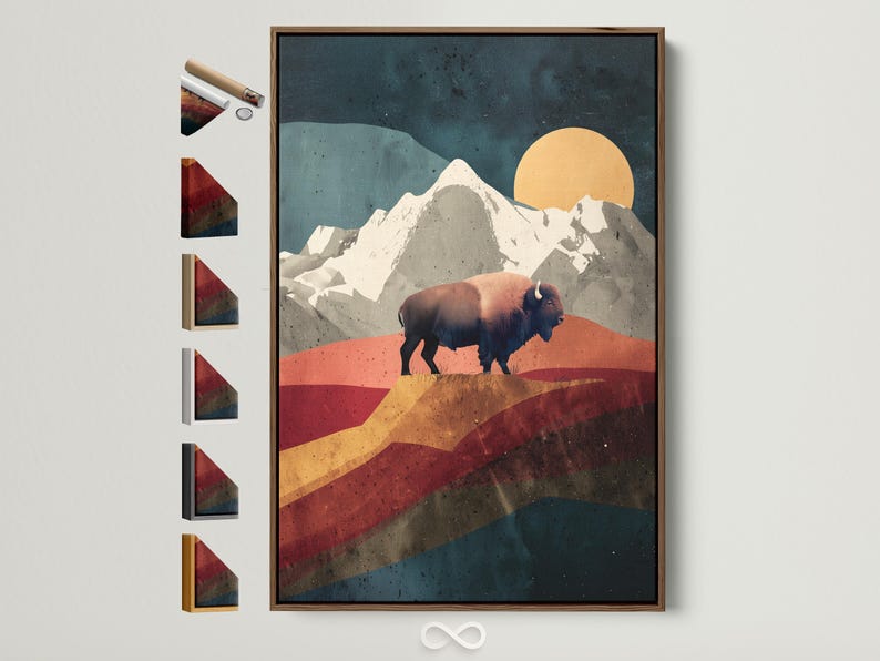 A bison stands in front of stylised mountains under a large round sun