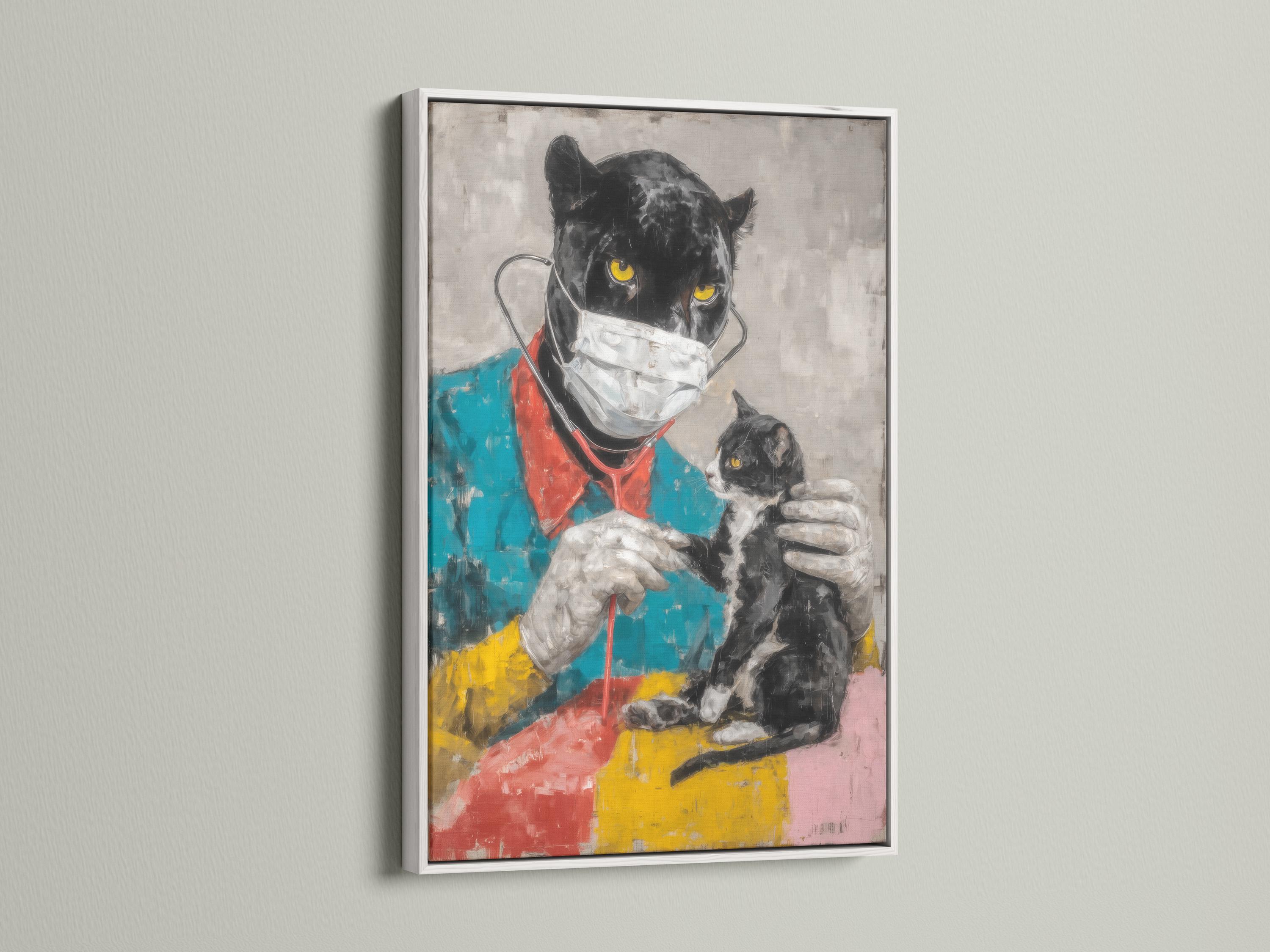 Painterly black cat doctor with a white mask and bright yellow eyes, with a smaller masked kitten beside it detail view