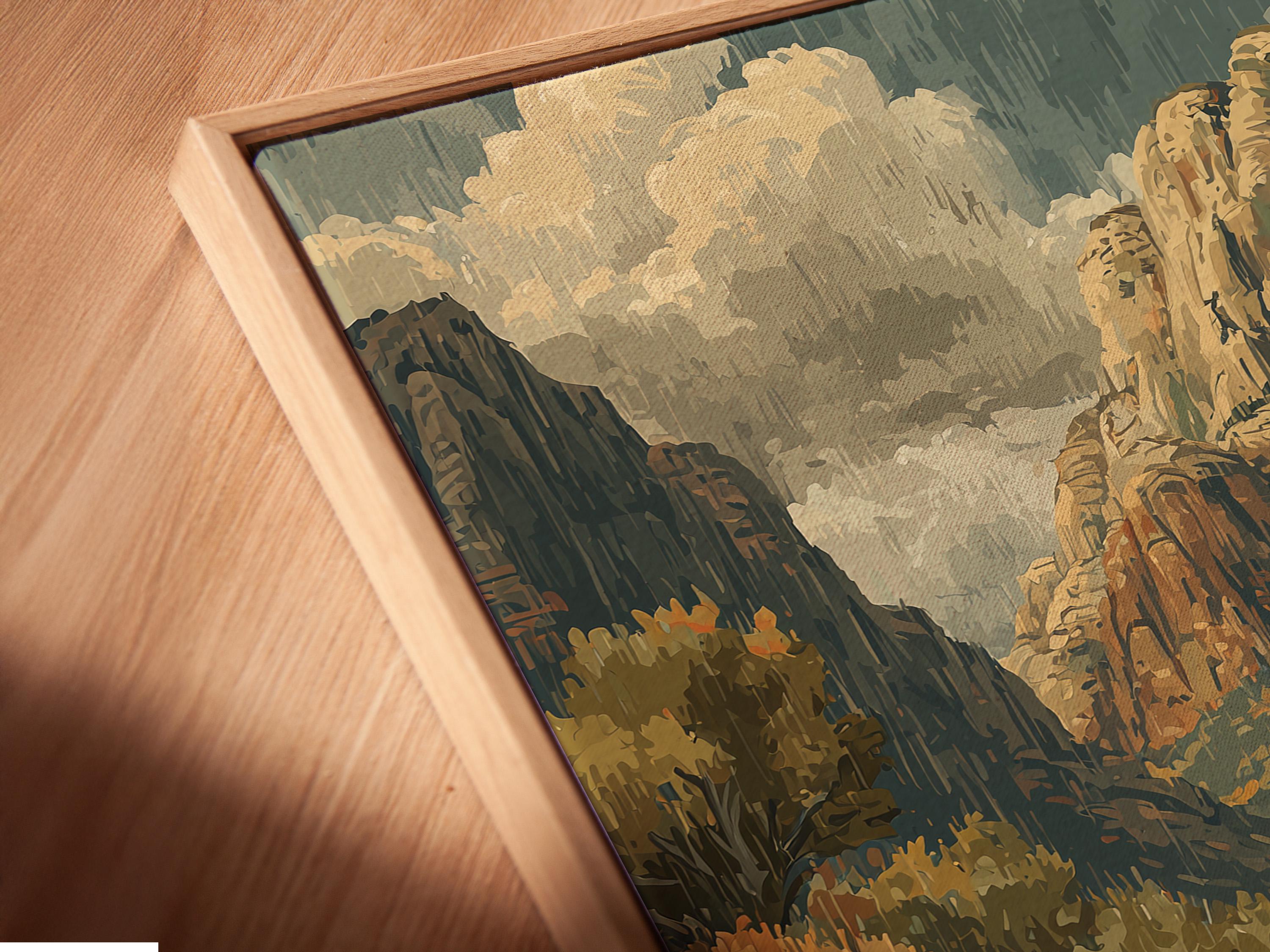 Retro mountain cycling scene with cyclists riding along a winding road through rocky cliffs detail view
