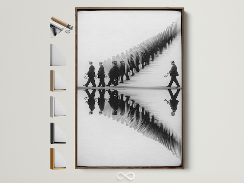 Black and white image of a marching band with mirrored reflection on a pale surface
