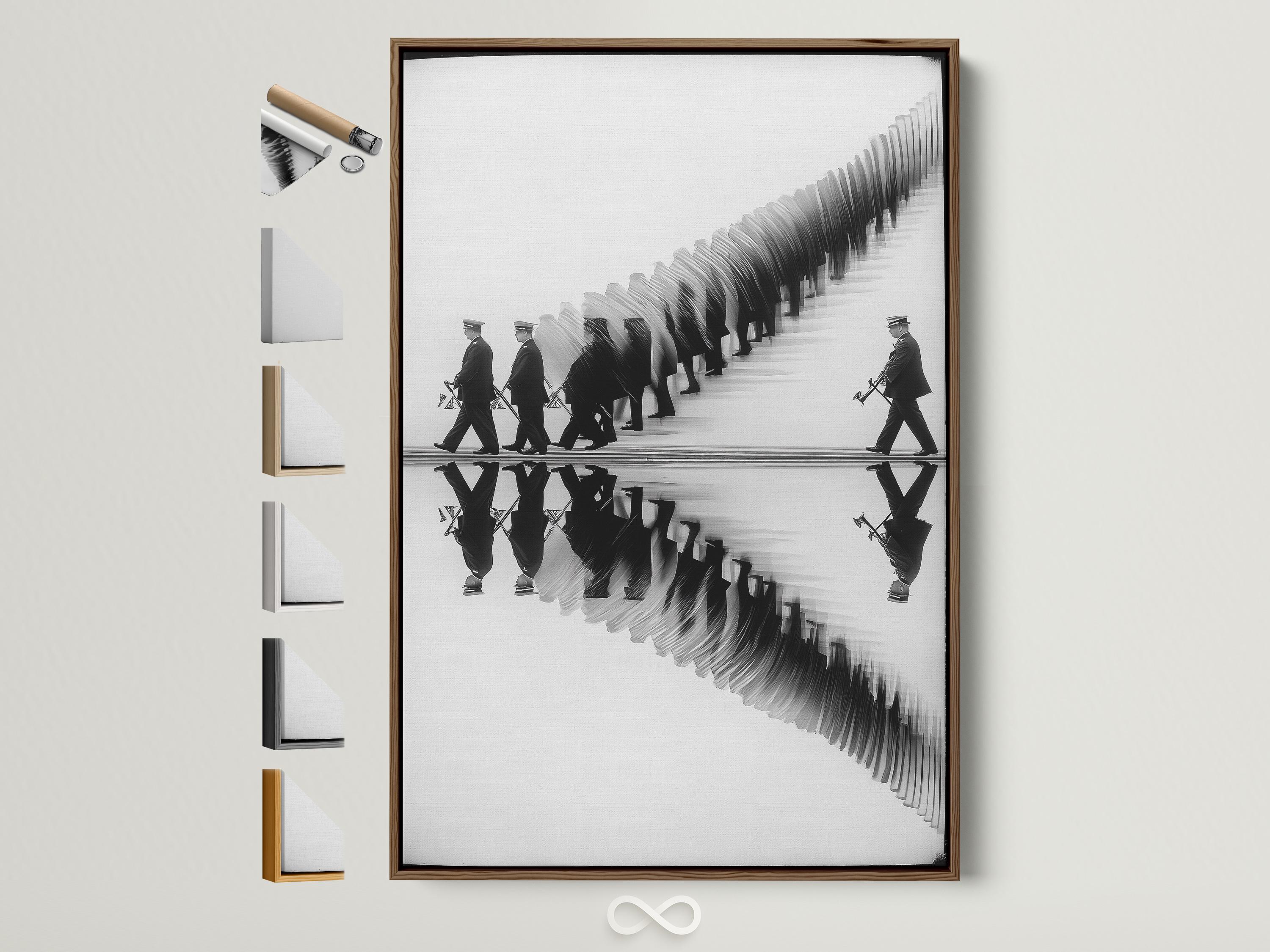 Black and white image of a marching band with mirrored reflection on a pale surface