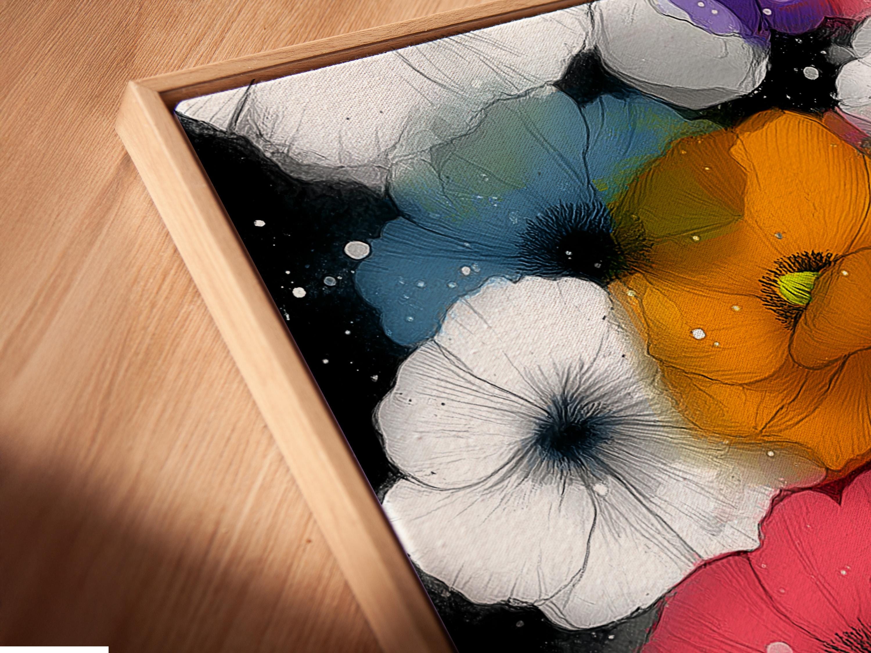 Wall mockup featuring a framed floral artwork with bright poppy-like flowers