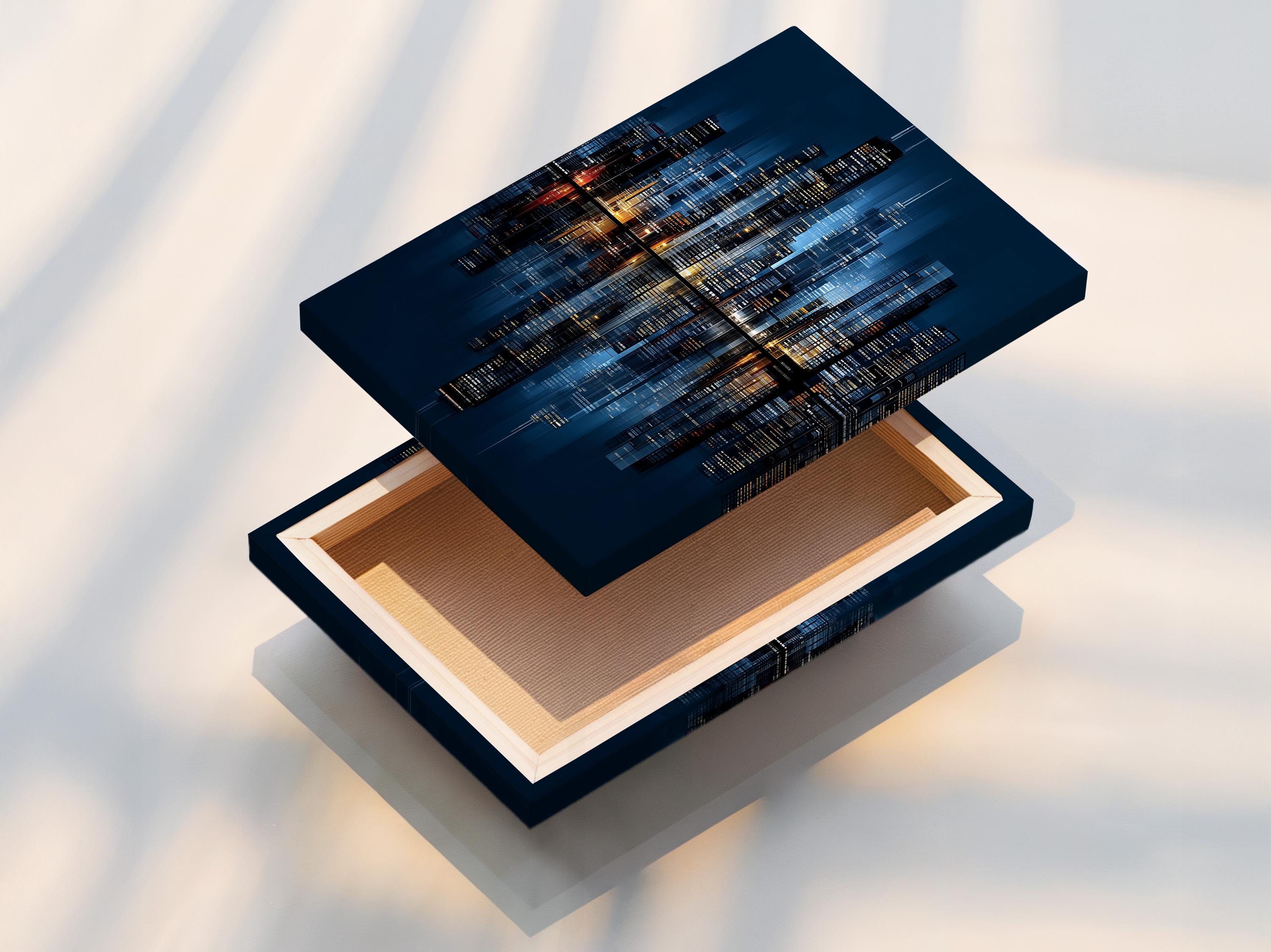 Night city skyline artwork in navy blue with illuminated buildings and reflections detail view