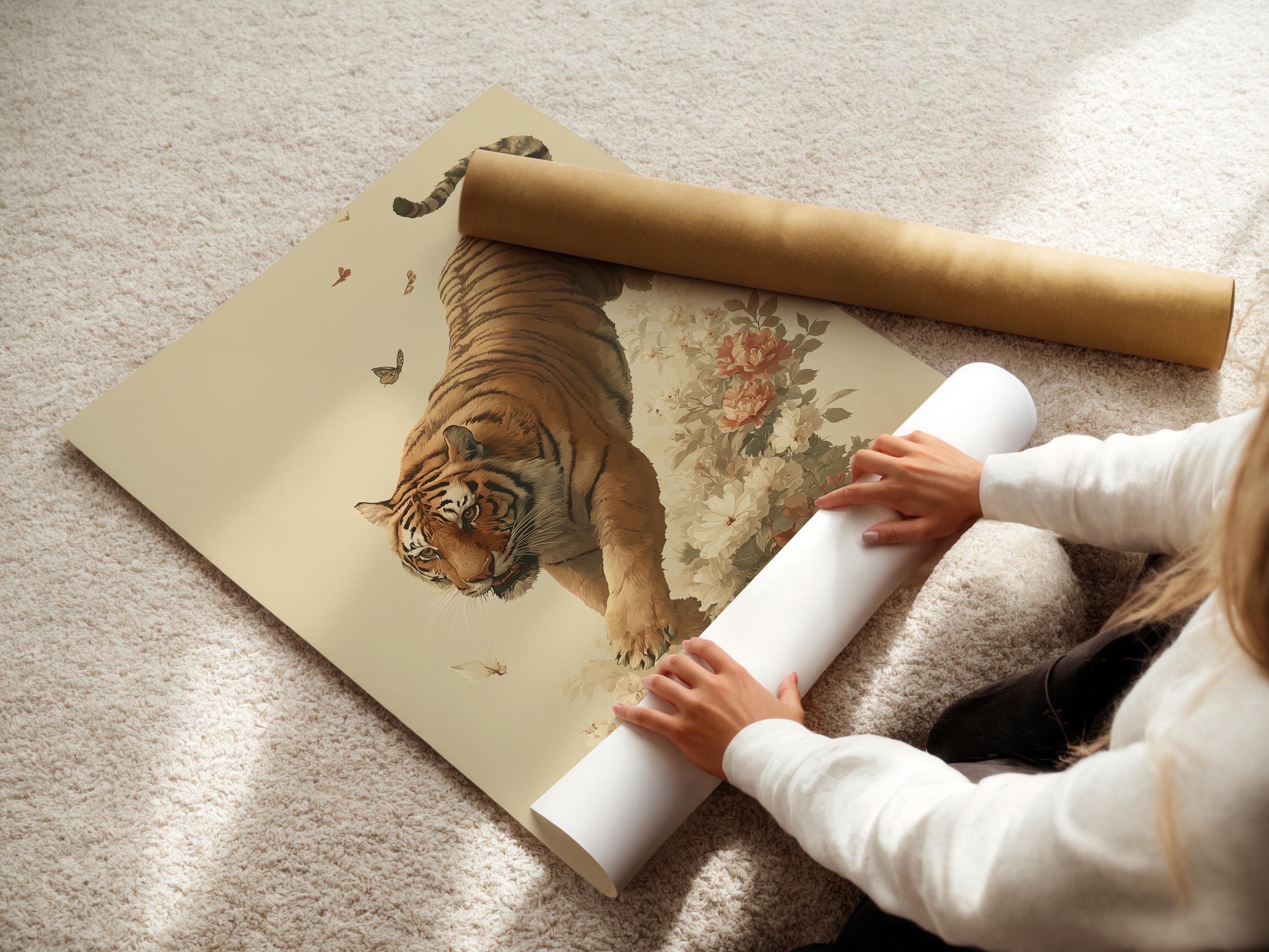 Framed tiger and flowers botanical artwork mockup