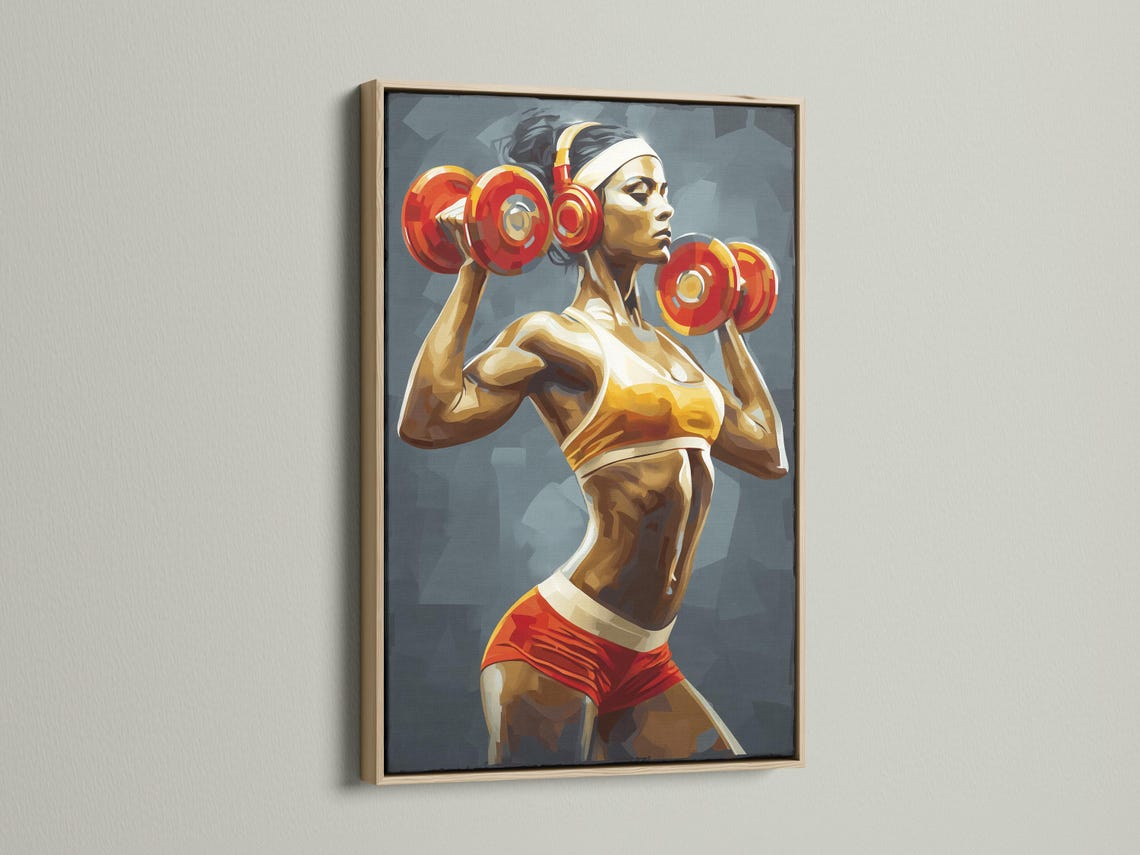 Stylised strong woman weightlifting artwork holding two red dumbbells against a blue background detail view
