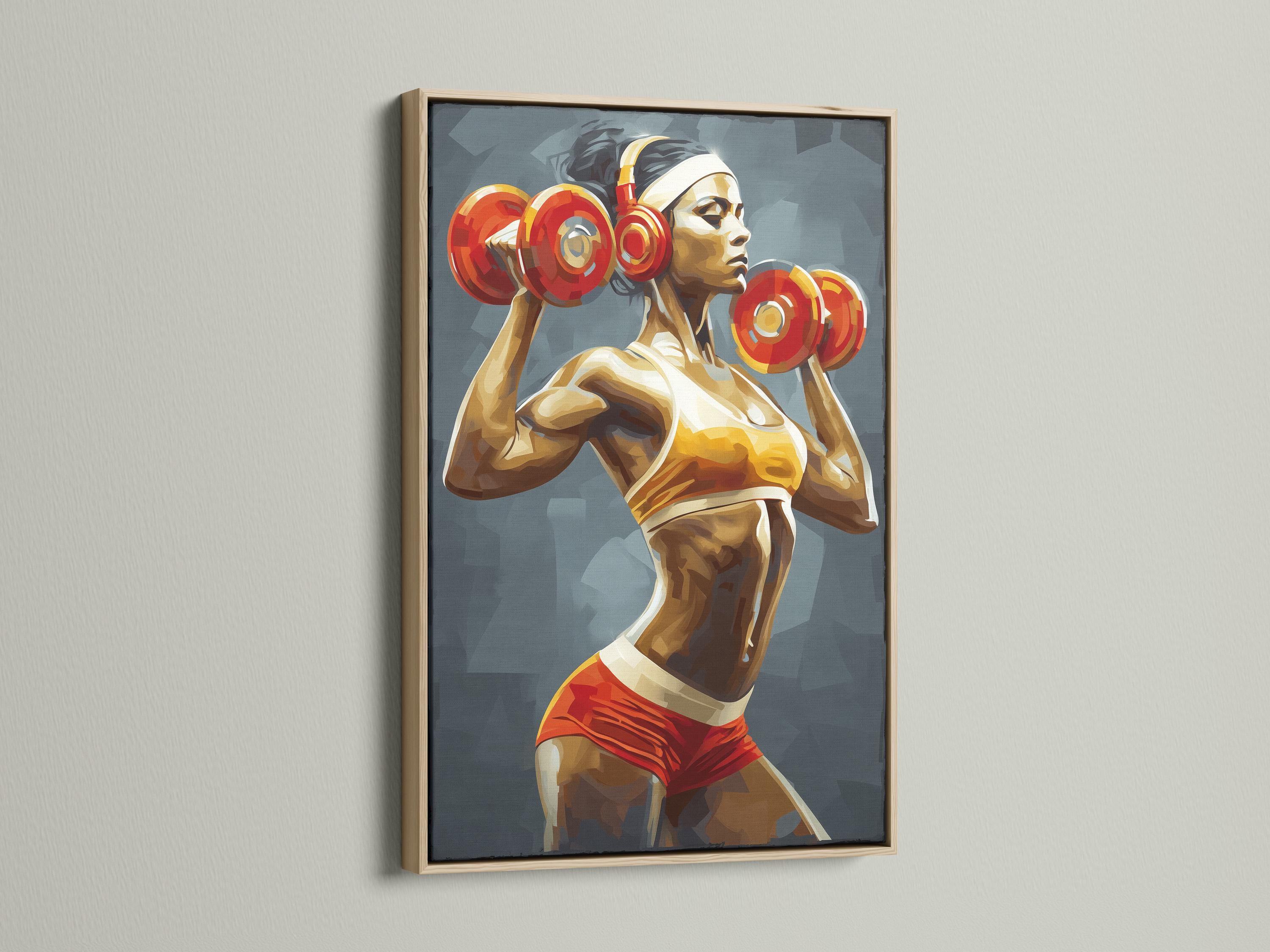 Stylised strong woman weightlifting artwork holding two red dumbbells against a blue background detail view