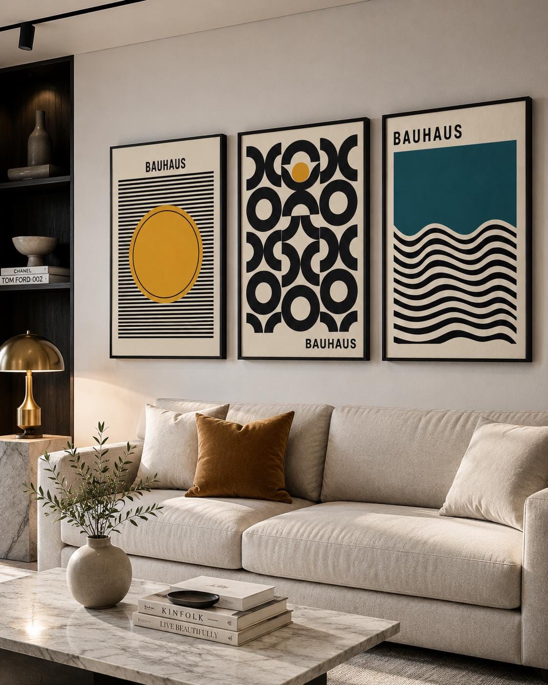 Three-panel geometric Bauhaus-style artwork with black stripes, circles and wavy teal lines detail view
