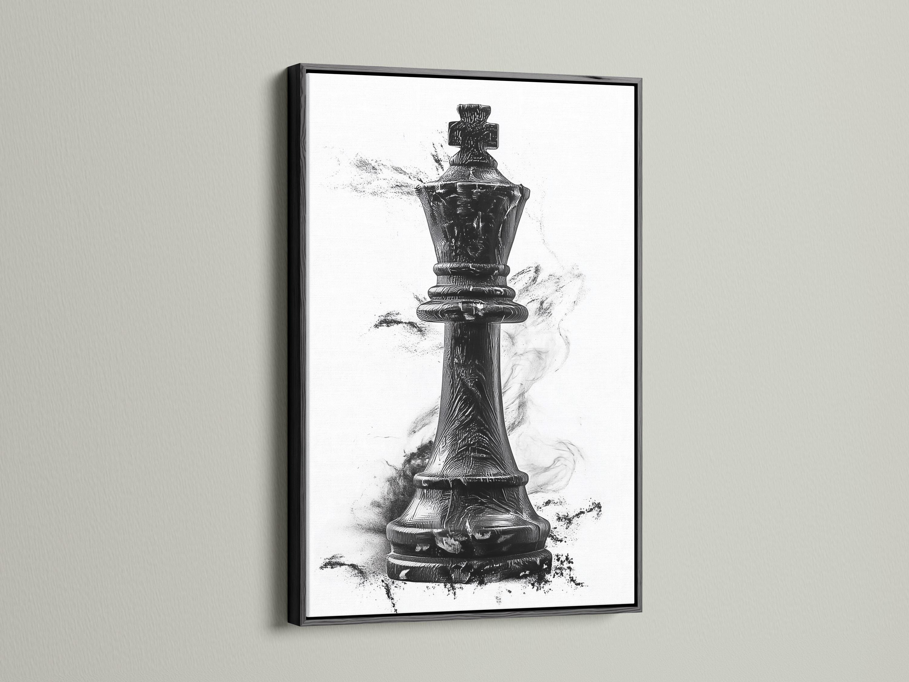 Black and white illustration of an upright chess piece with grey ink splatter marks detail view