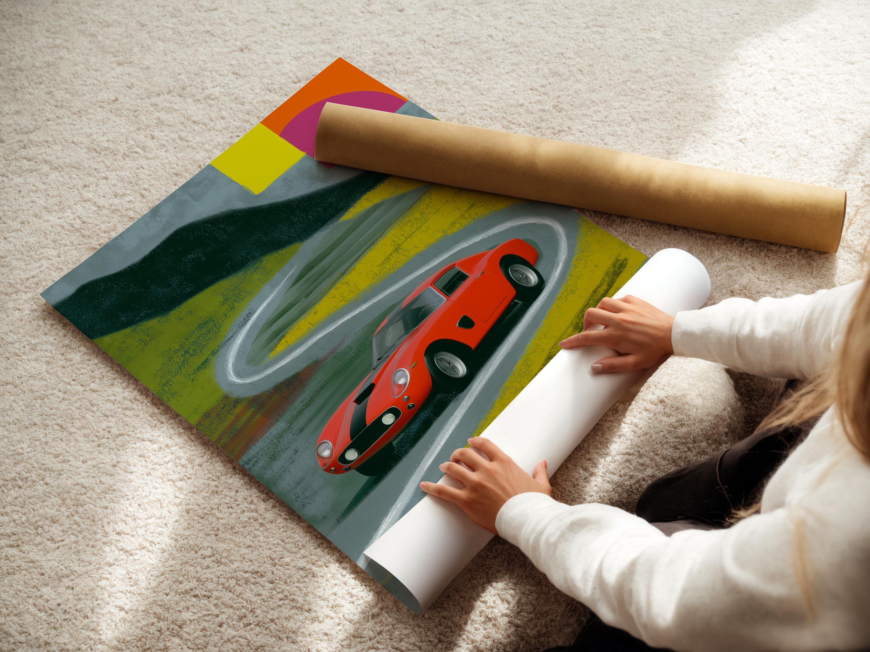 Red vintage race car on a curving track with geometric blocks in pink, yellow and green detail view
