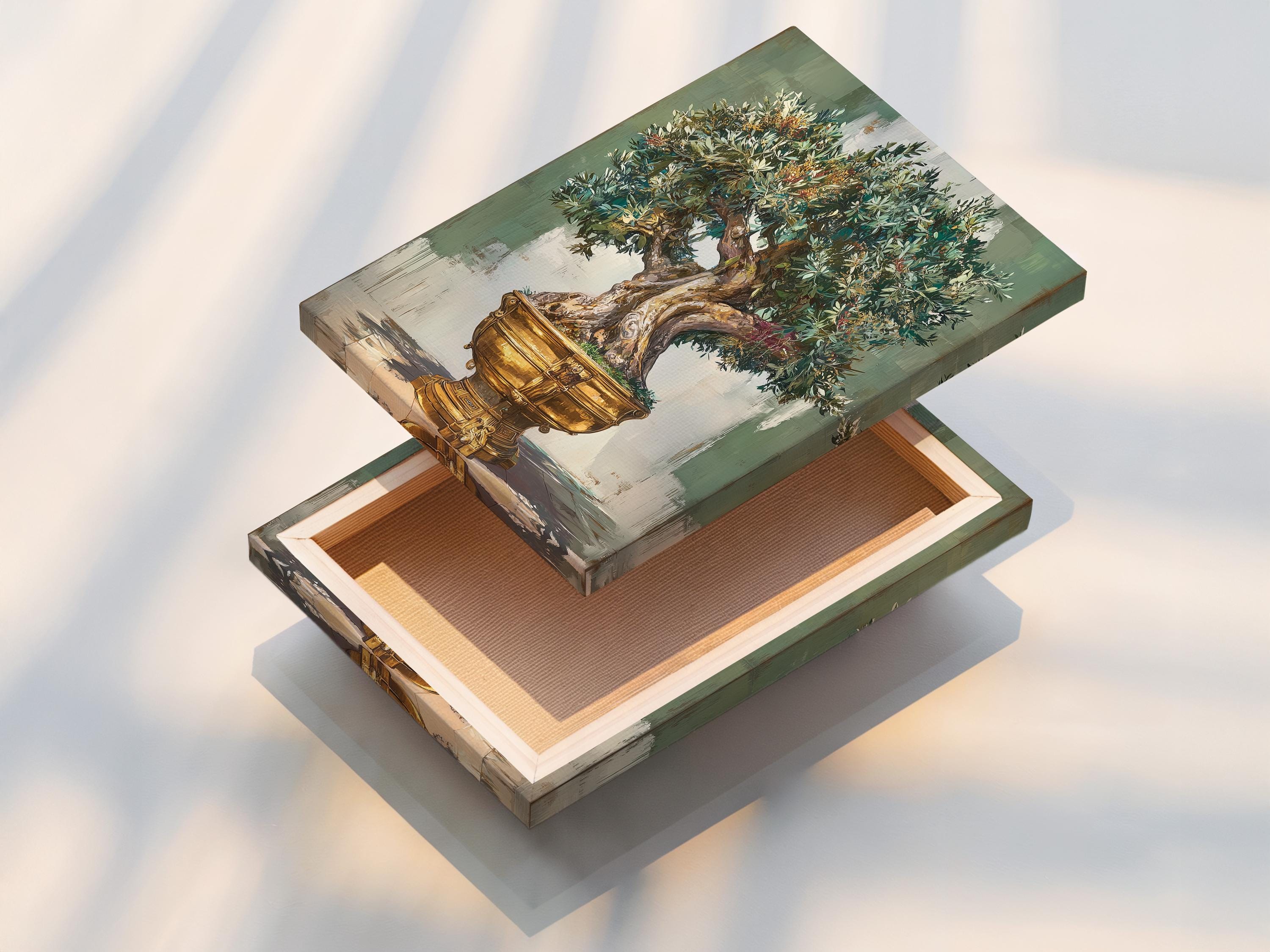 Room mockup showing olive tree wall artwork in a framed presentation