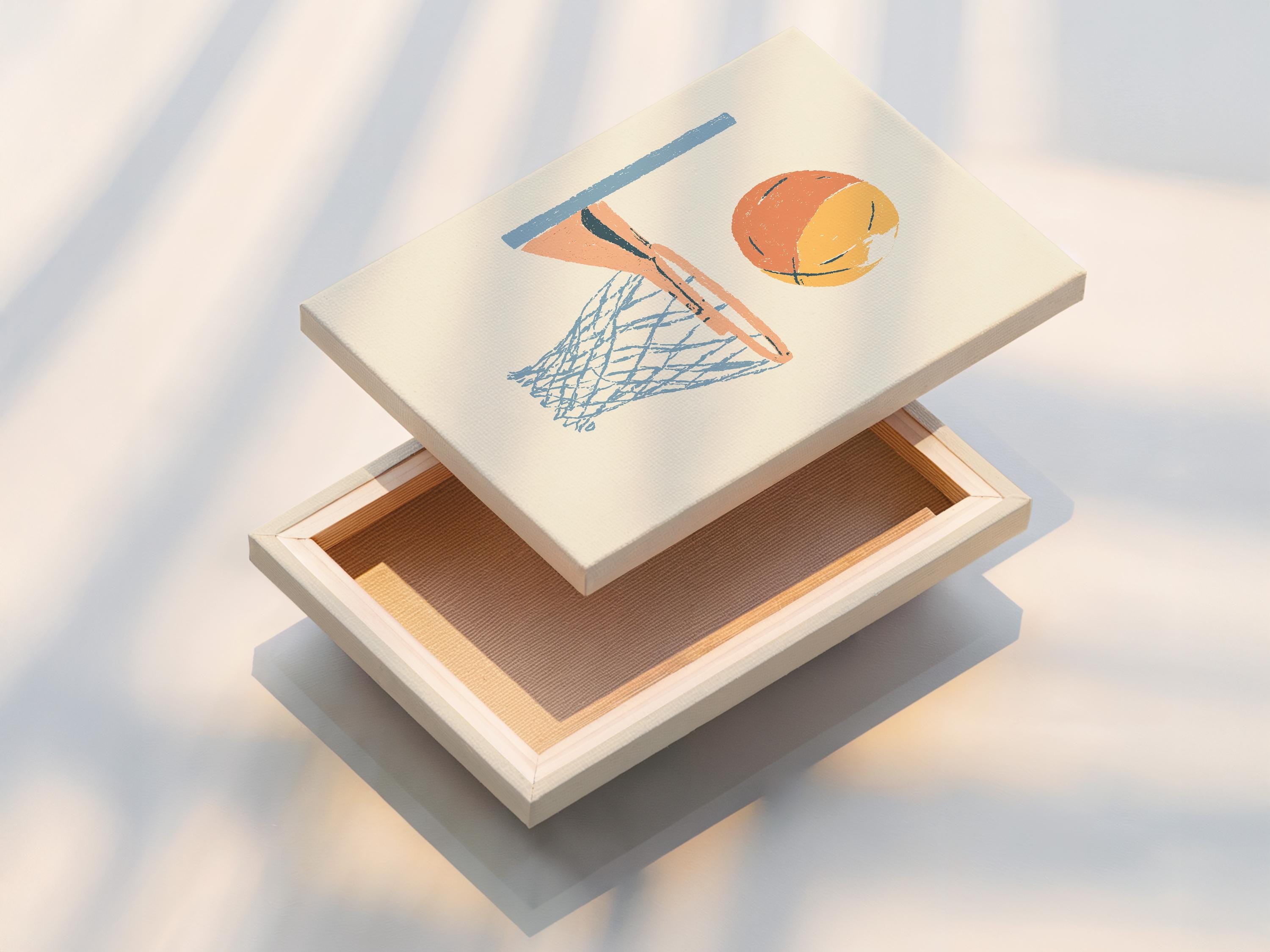 Room mockup showing a framed basketball hoop artwork on a wall