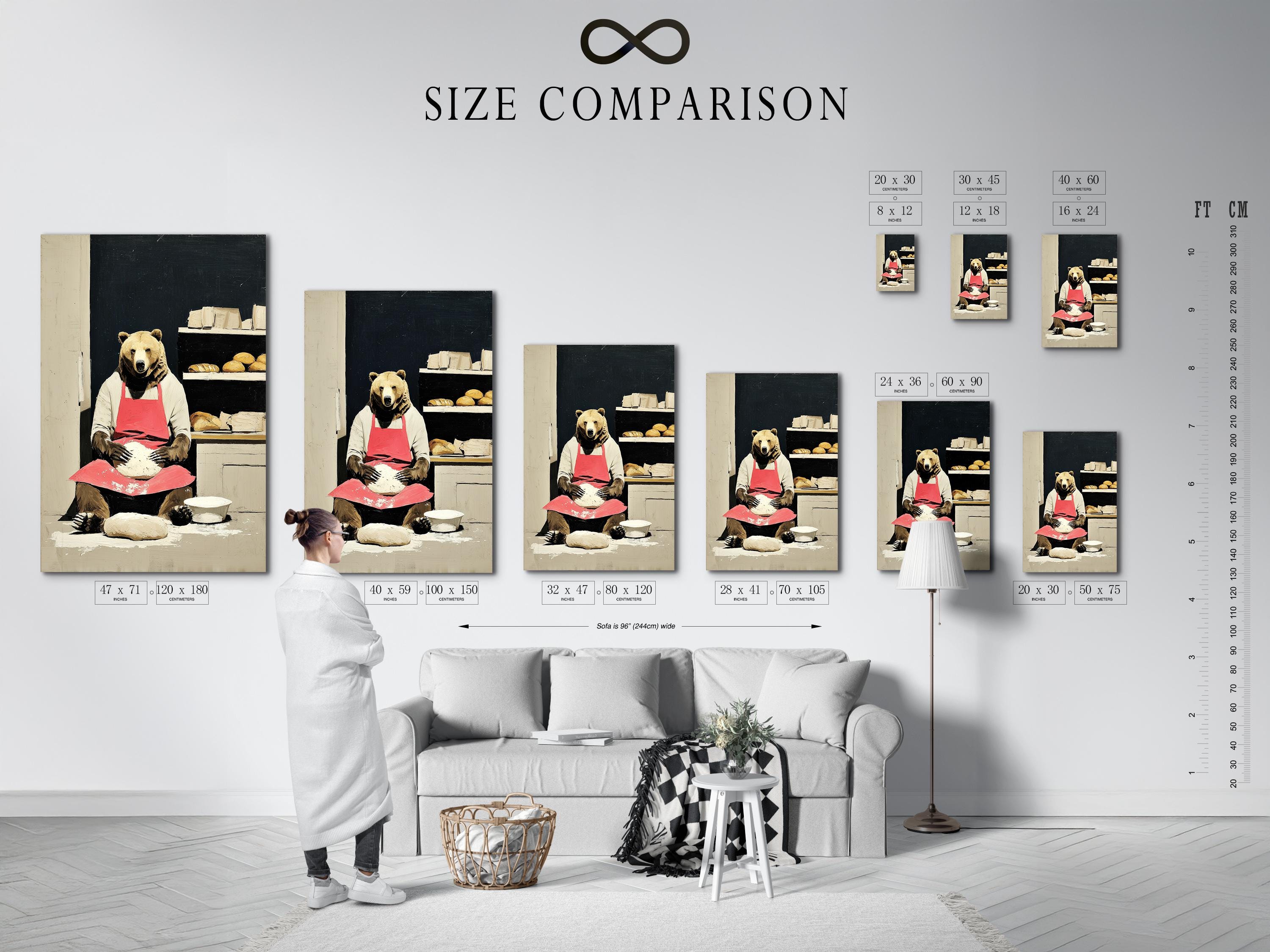 Bear chef wall artwork shown in a room mockup with multiple frame colour options