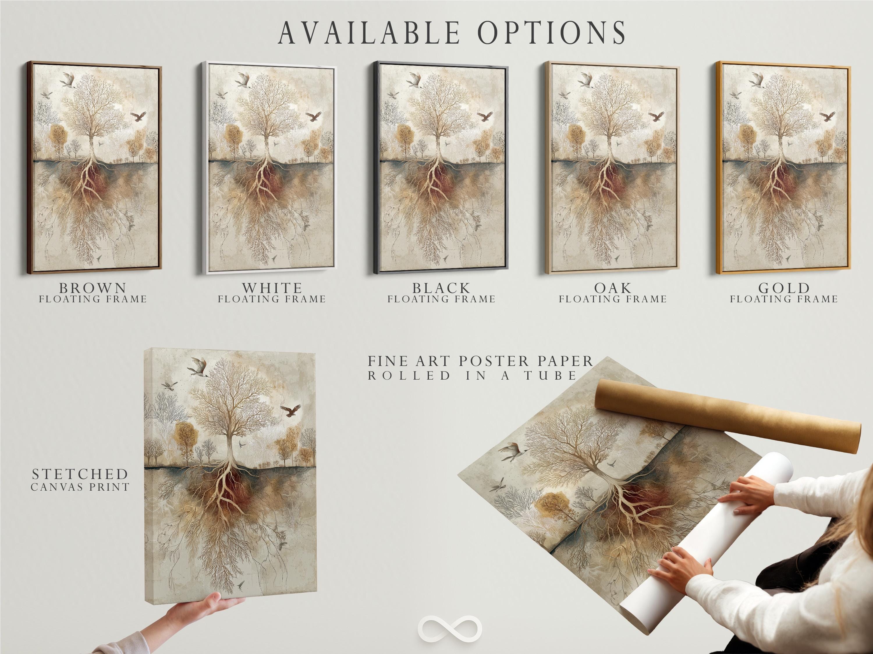 Beige tree-of-life botanical illustration with exposed roots and birds flying detail view