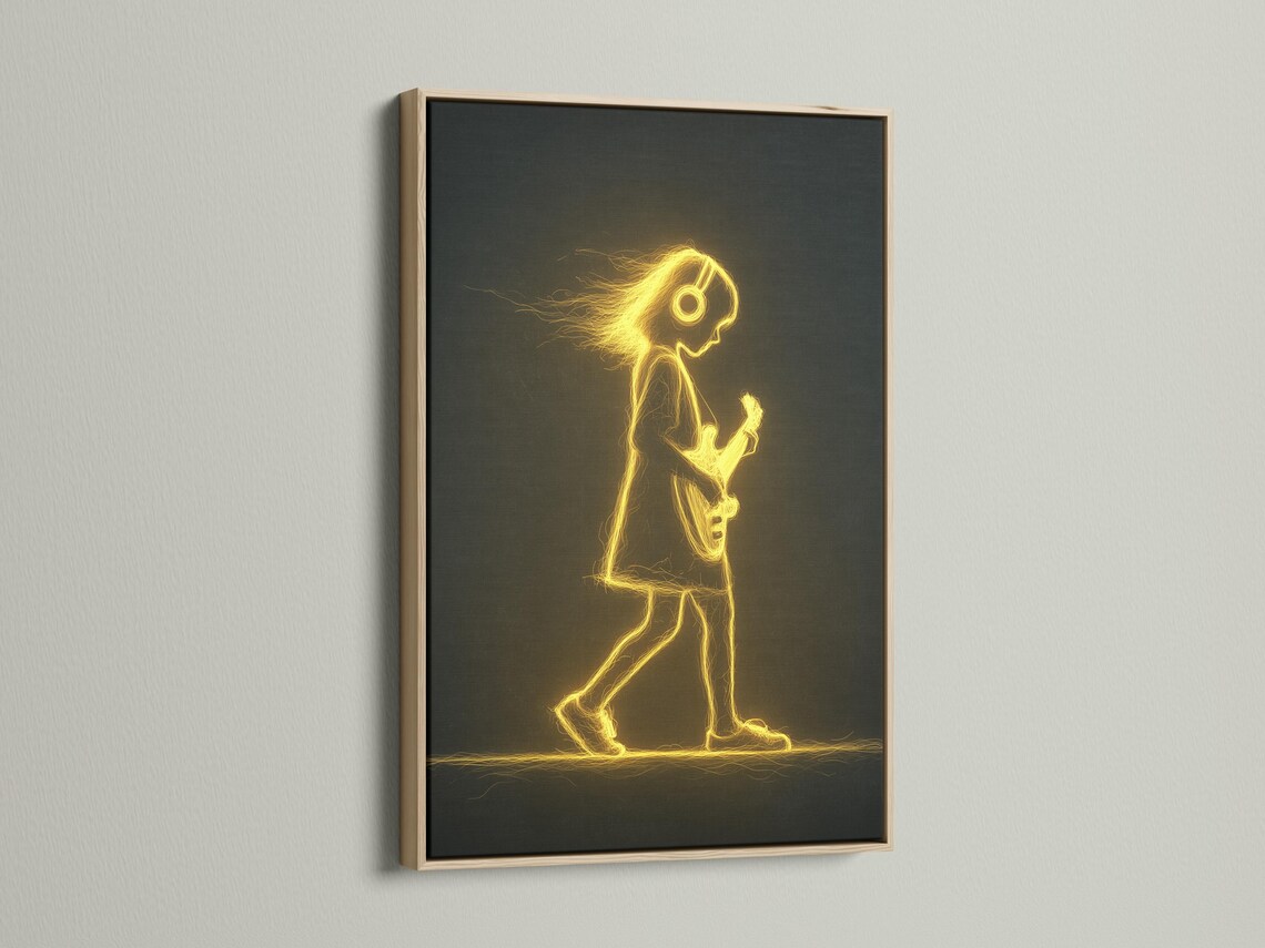 Neon gold outline guitar player with a glowing halo and electric guitar on a dark background detail view