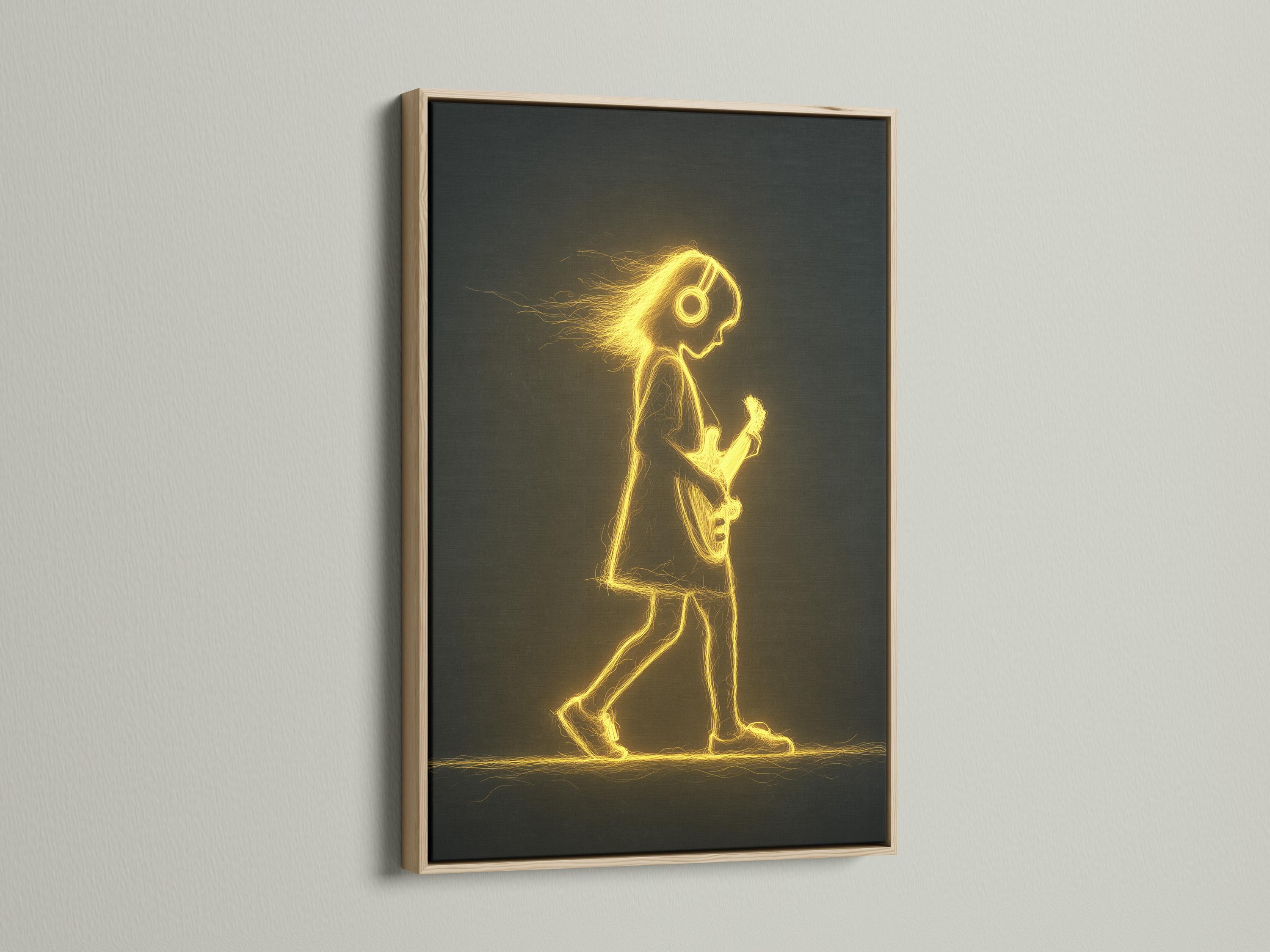 Neon gold outline guitar player with a glowing halo and electric guitar on a dark background detail view