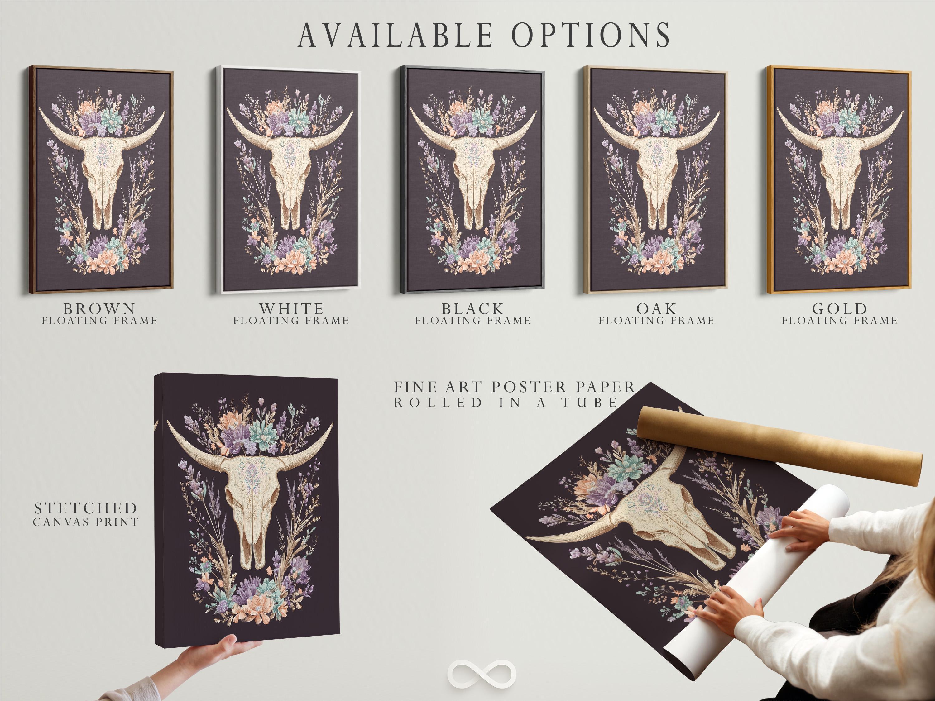 Bull skull illustration surrounded by a wreath of pastel wildflowers on a dark mauve background detail view