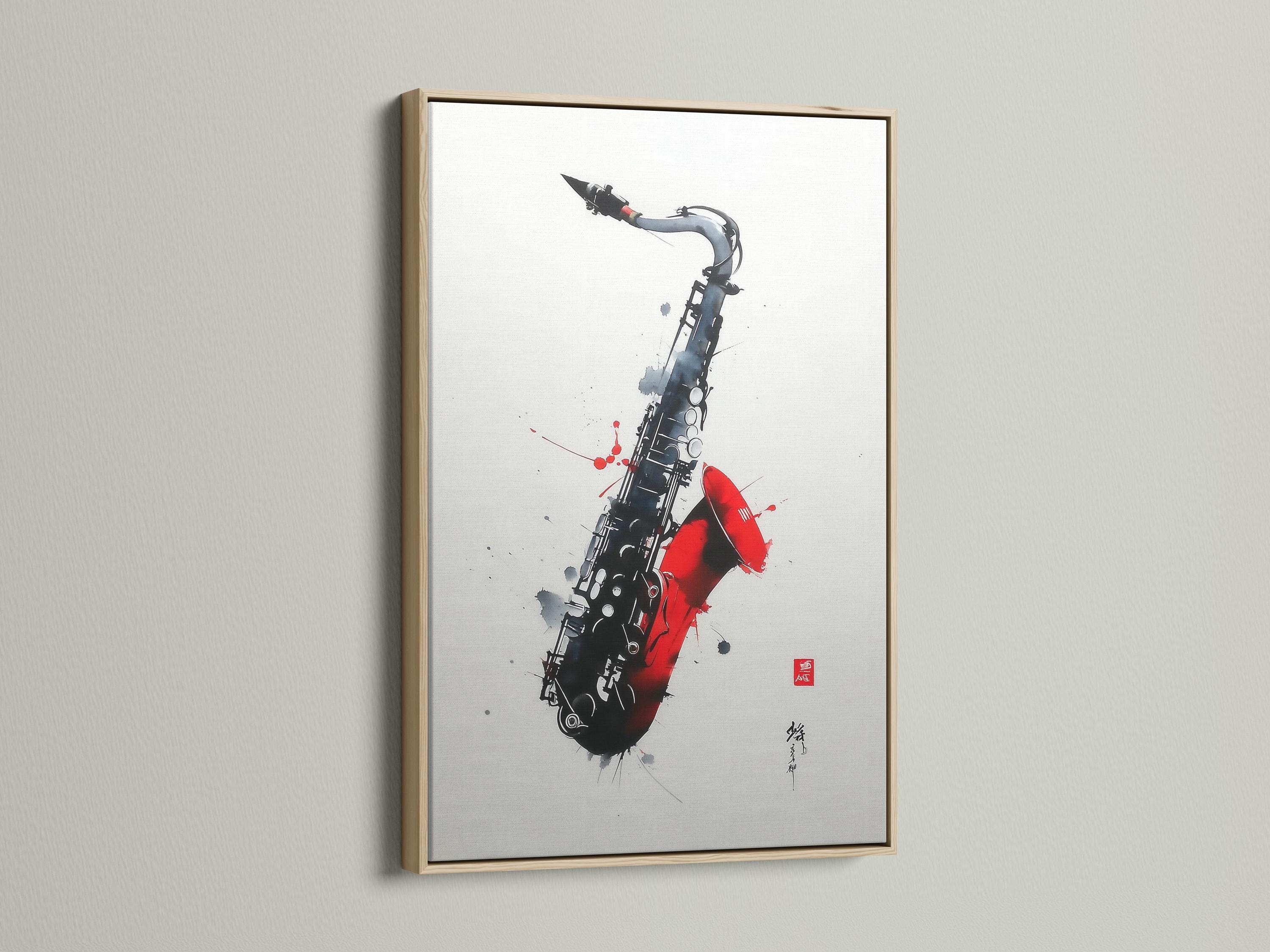 Red and black saxophone illustration with paint splatter marks on an off-white background detail view