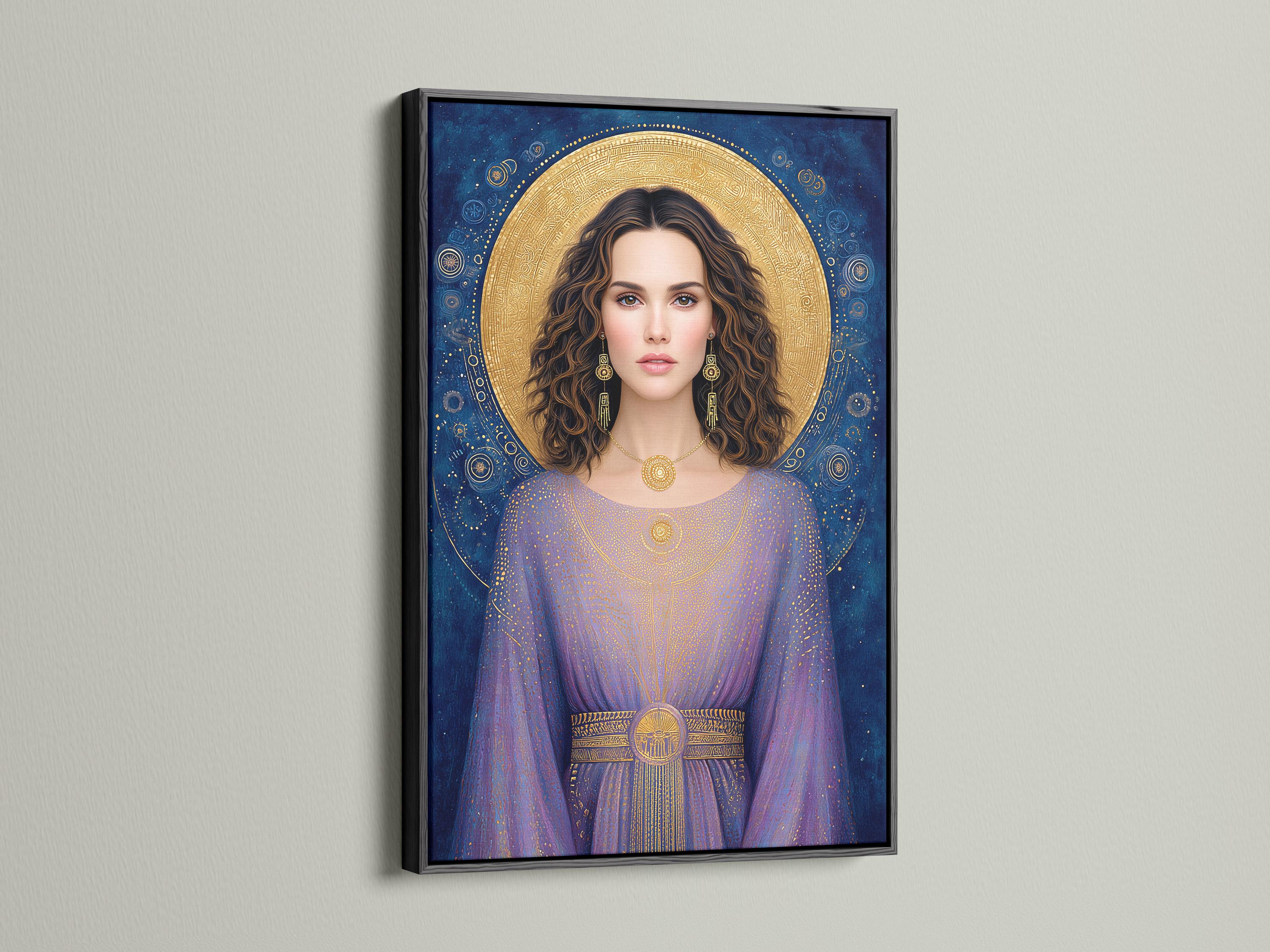 Celestial goddess portrait with a gold halo, blue and purple robe, and decorative star-like speckles detail view