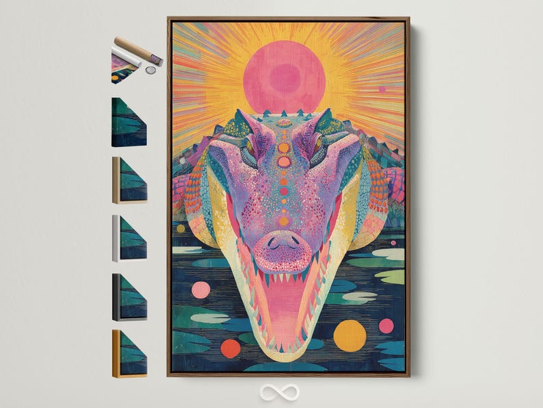 Stylised alligator portrait with a large pink sunburst, bright pink and teal scales, and dark blue water strokes