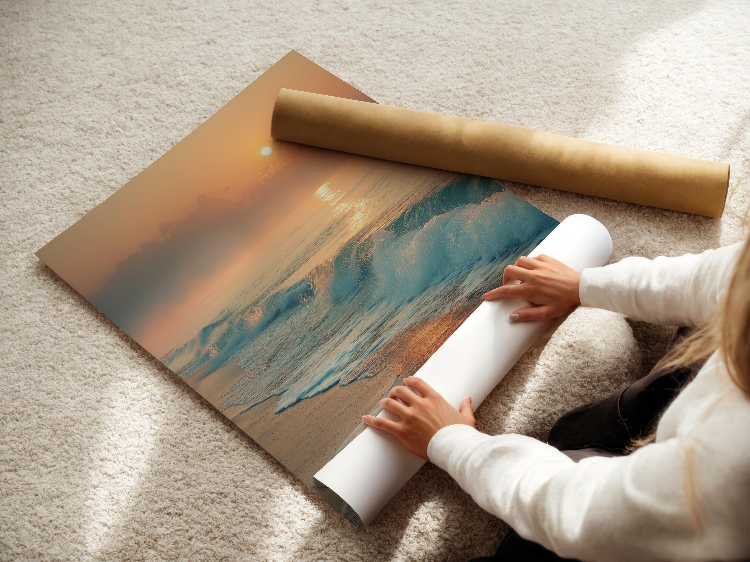 A sunrise seascape shows a glowing sun above layered clouds, with ocean waves rolling onto a sandy shore and reflecting warm light detail view