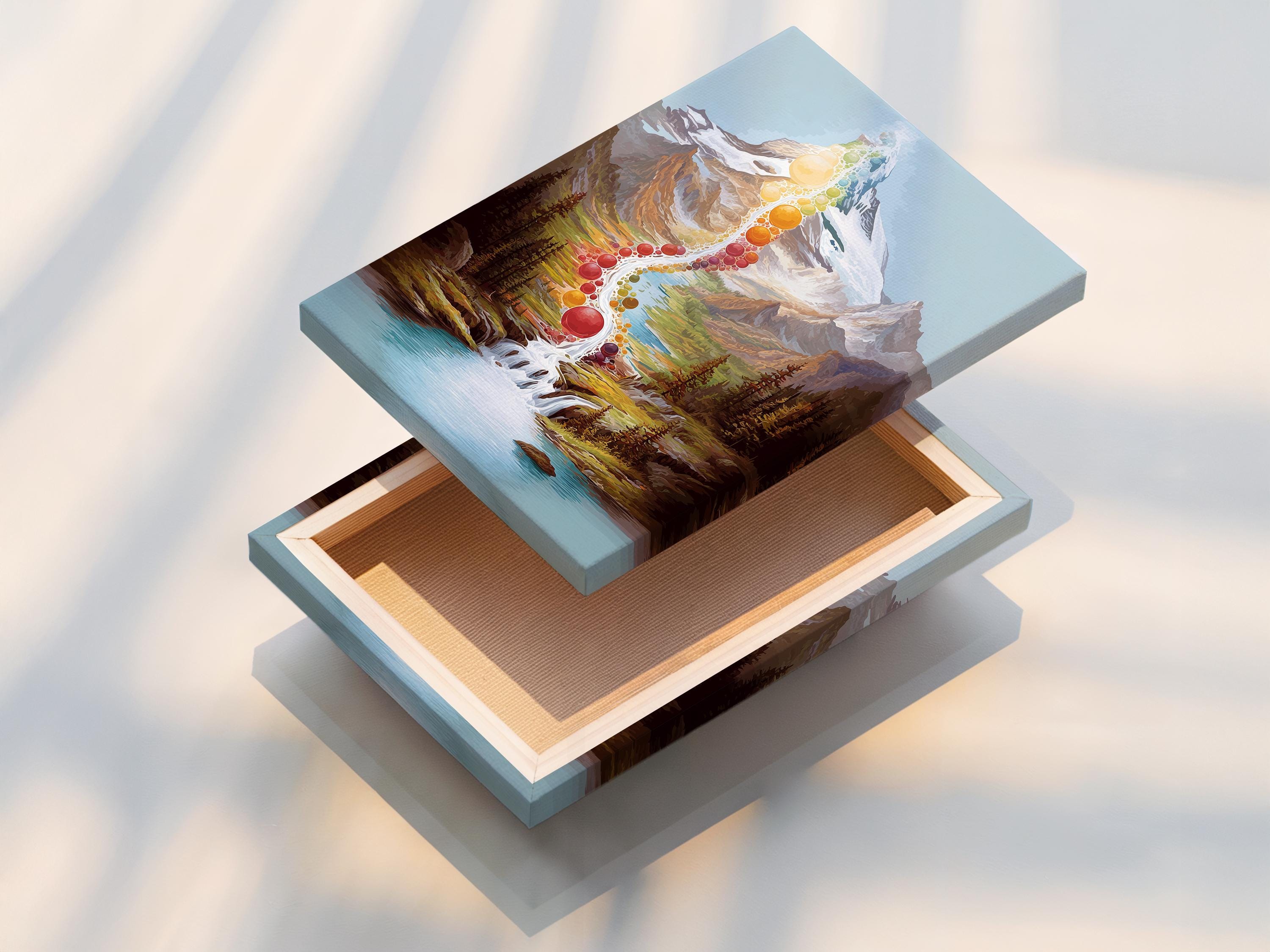 Room mockup showing a framed rainbow mountain waterfall artwork on a wall