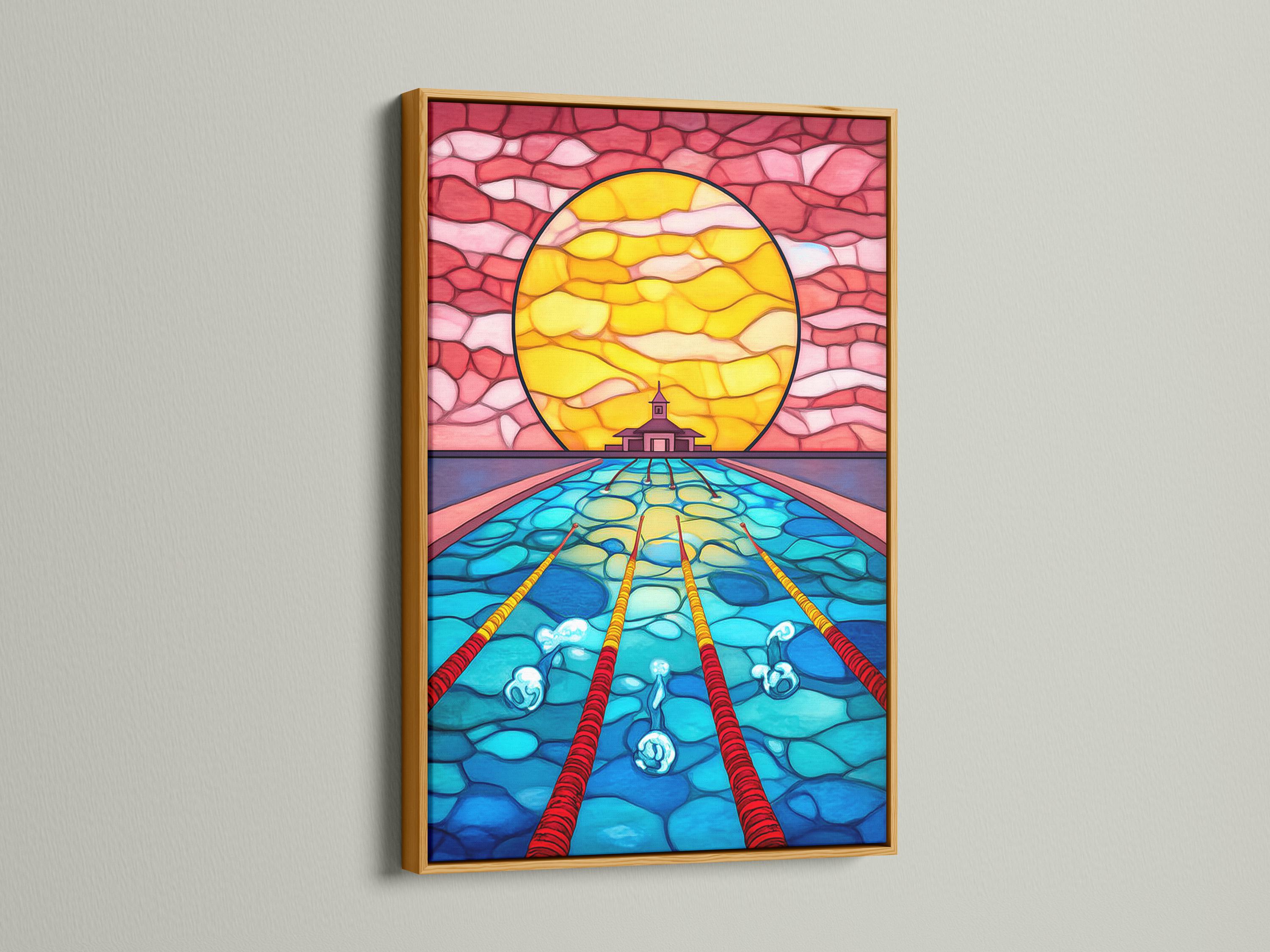 Stained-glass style ocean scene with a circular sunset portal, underwater water textures, and a small temple silhouette detail view