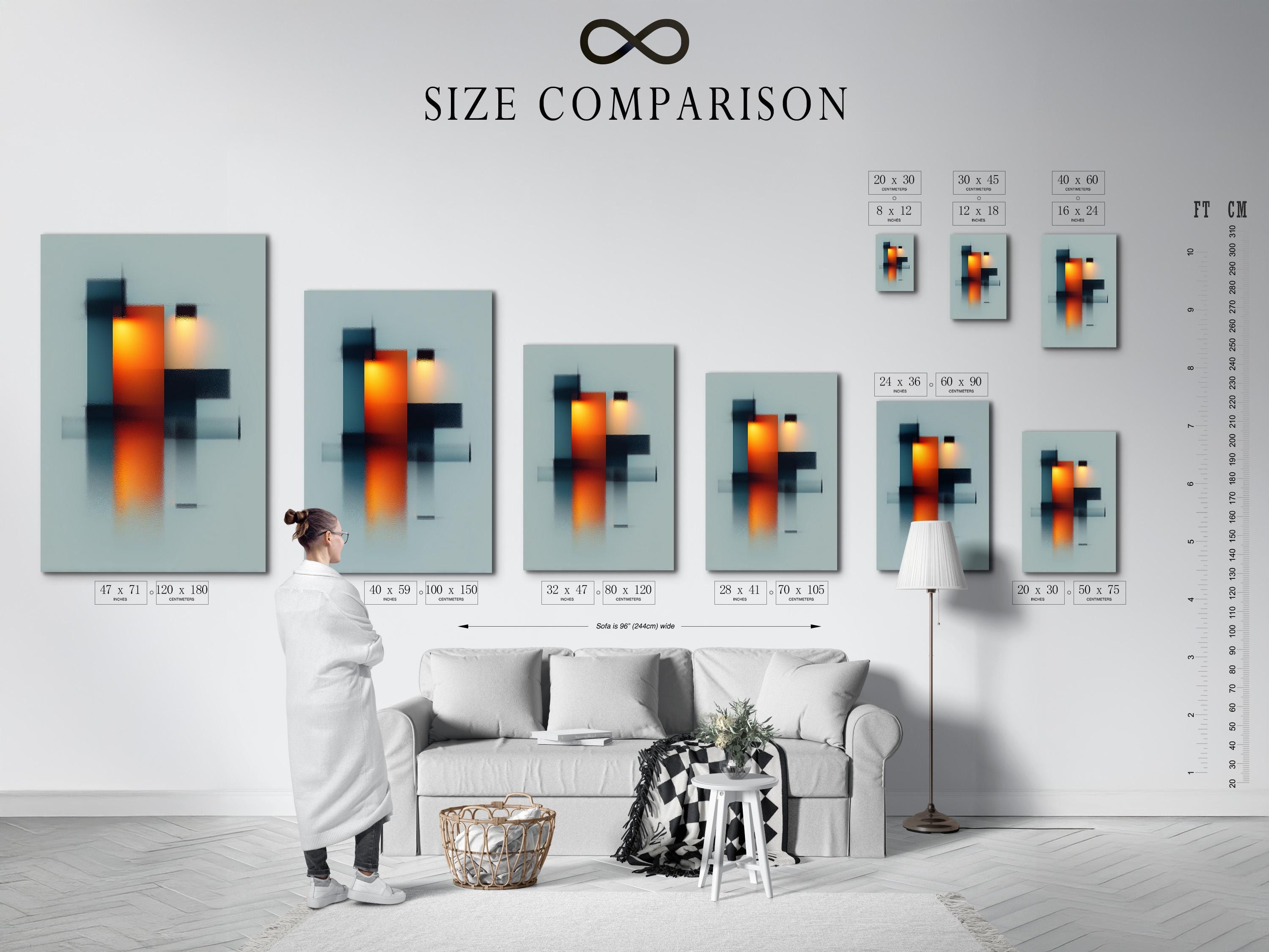 Room mockup showing a framed abstract geometric artwork with teal, deep blue and orange blocks
