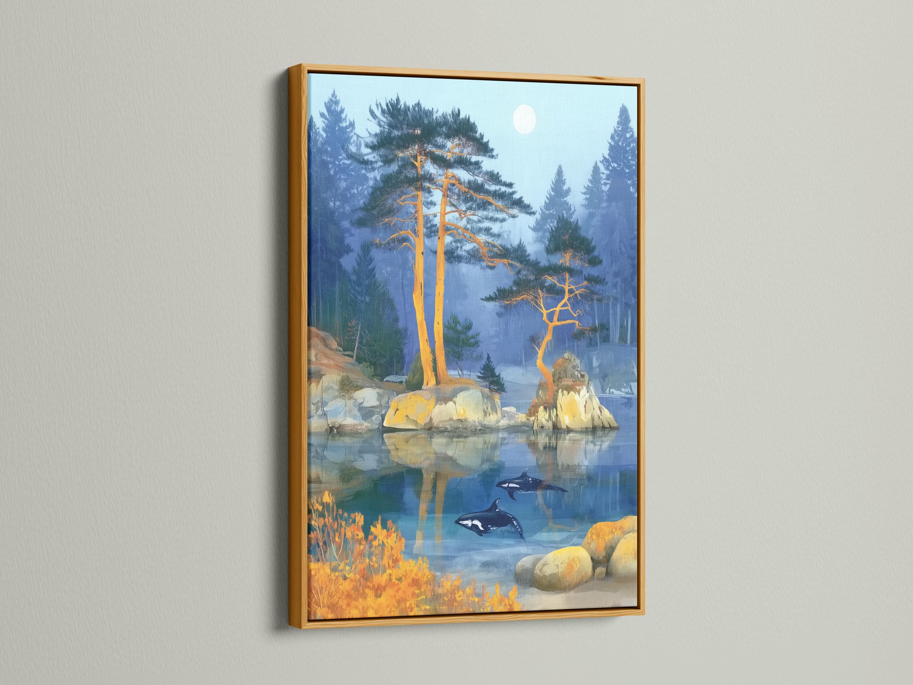Misty blue lake landscape with golden trees, rocky shore and dark swimming aquatic animals detail view