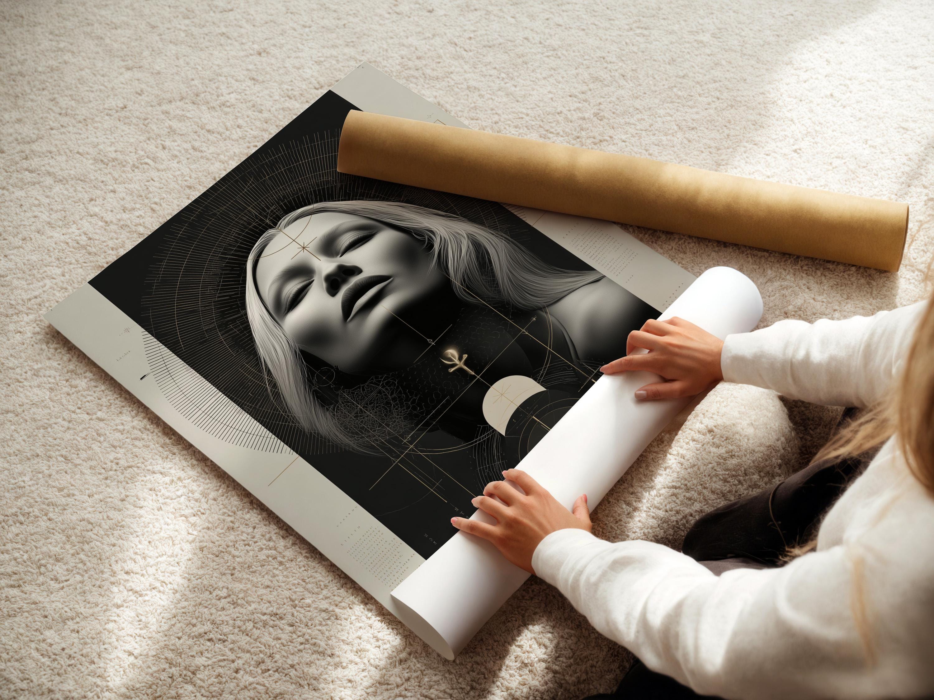 Geometric woman portrait artwork with grayscale face, arcs and black and beige tones plus small gold symbols detail view