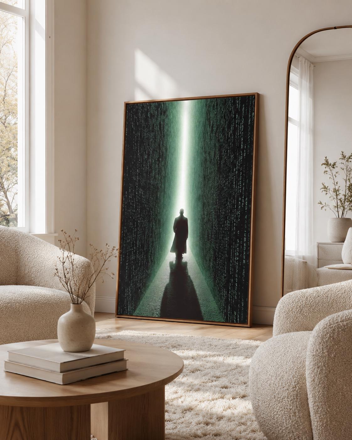 Room scene showing neon green cyberpunk corridor artwork with code-like characters