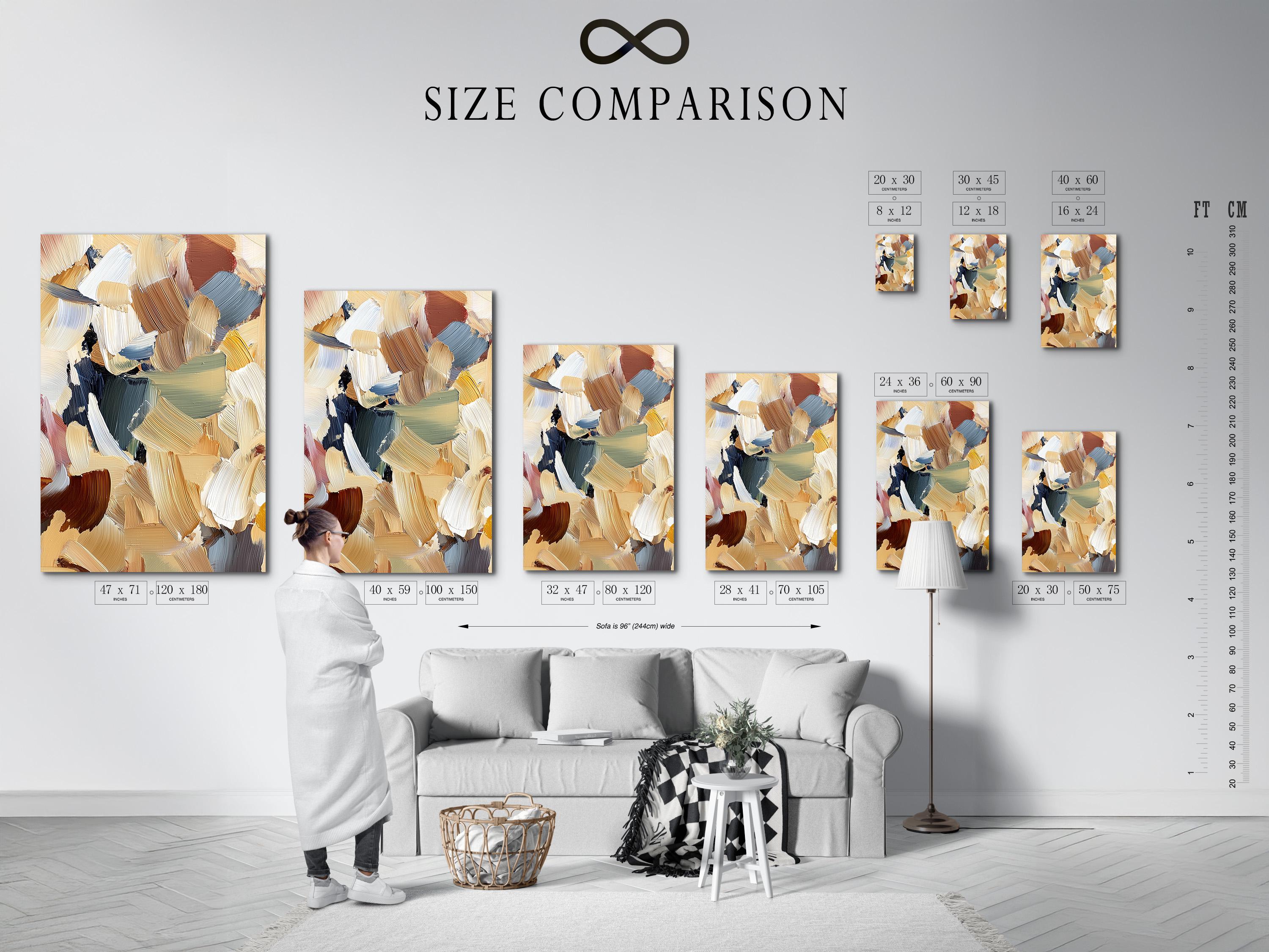 Room mockup showing an abstract beige and blue artwork in a frame with side angle thumbnails