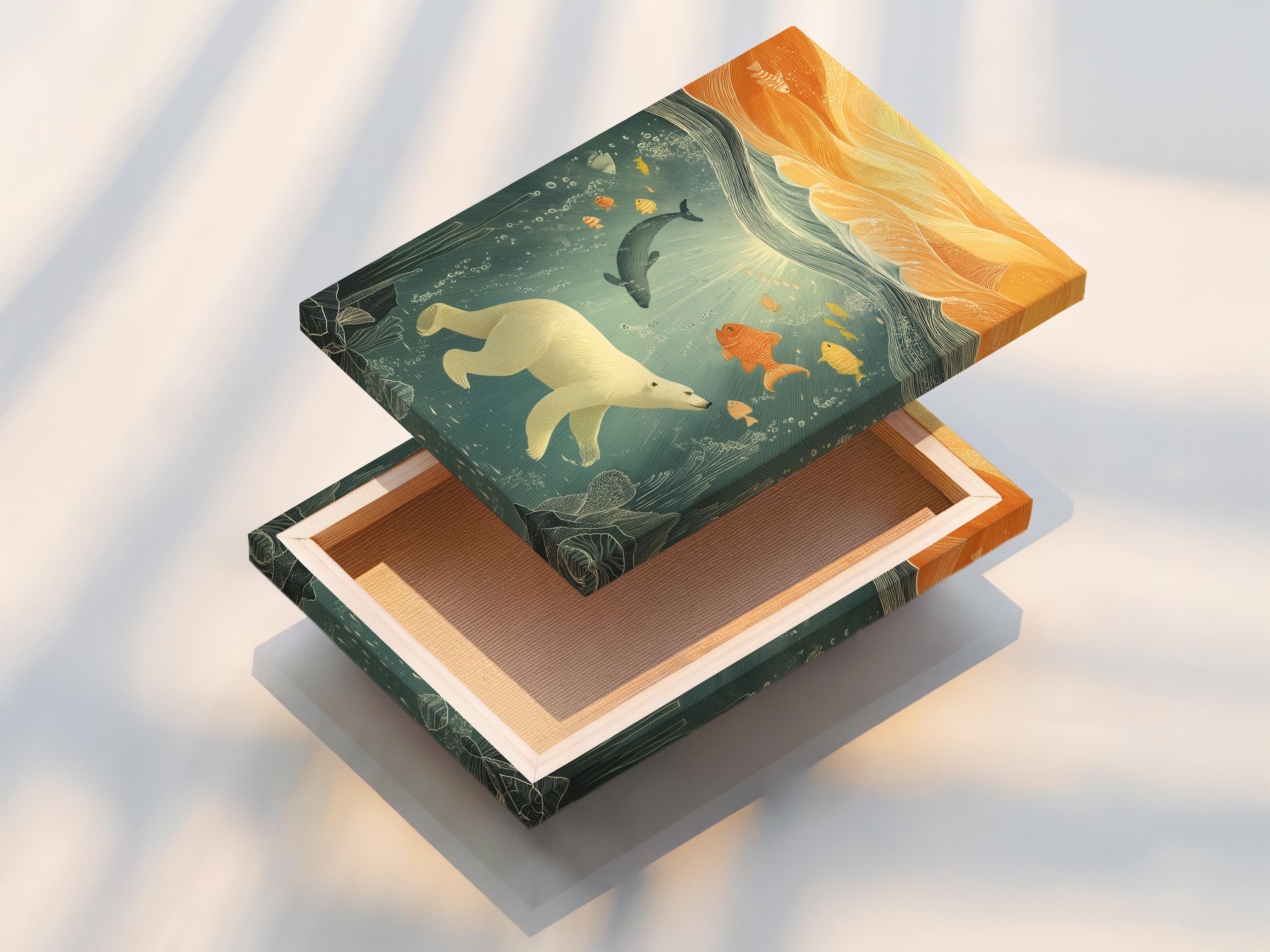 Underwater scene with a polar bear, fish and a whale in seafoam teal and warm gold waves detail view