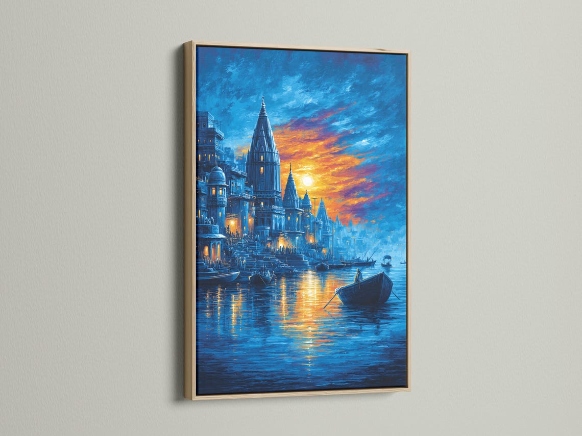 Blue sunset cityscape with temple-like towers above a river, boats, and golden reflections detail view