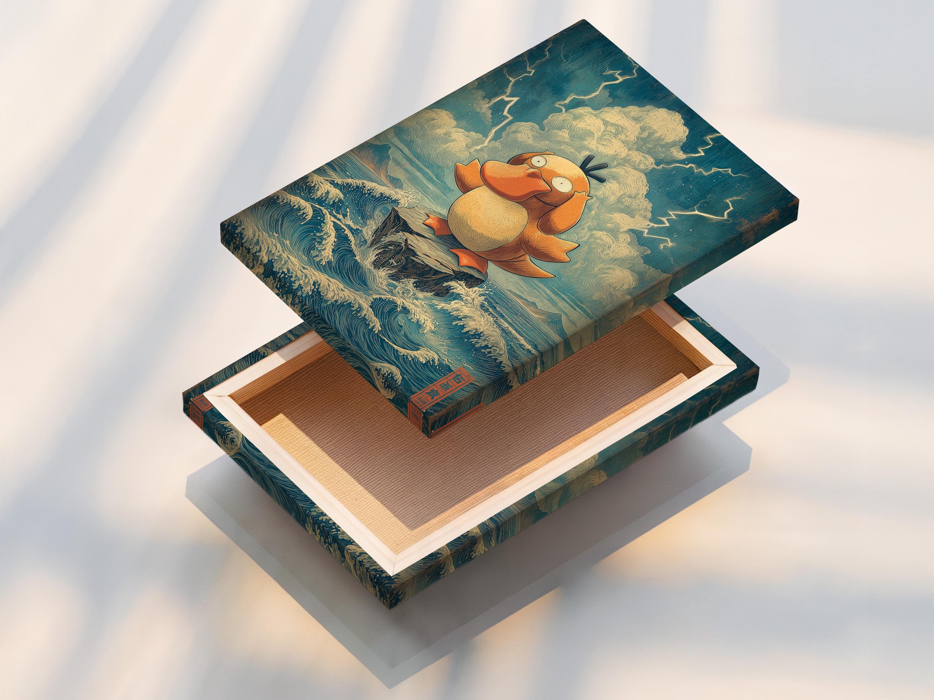 Room mockup showing a framed artwork of a duck in foamy ocean waves