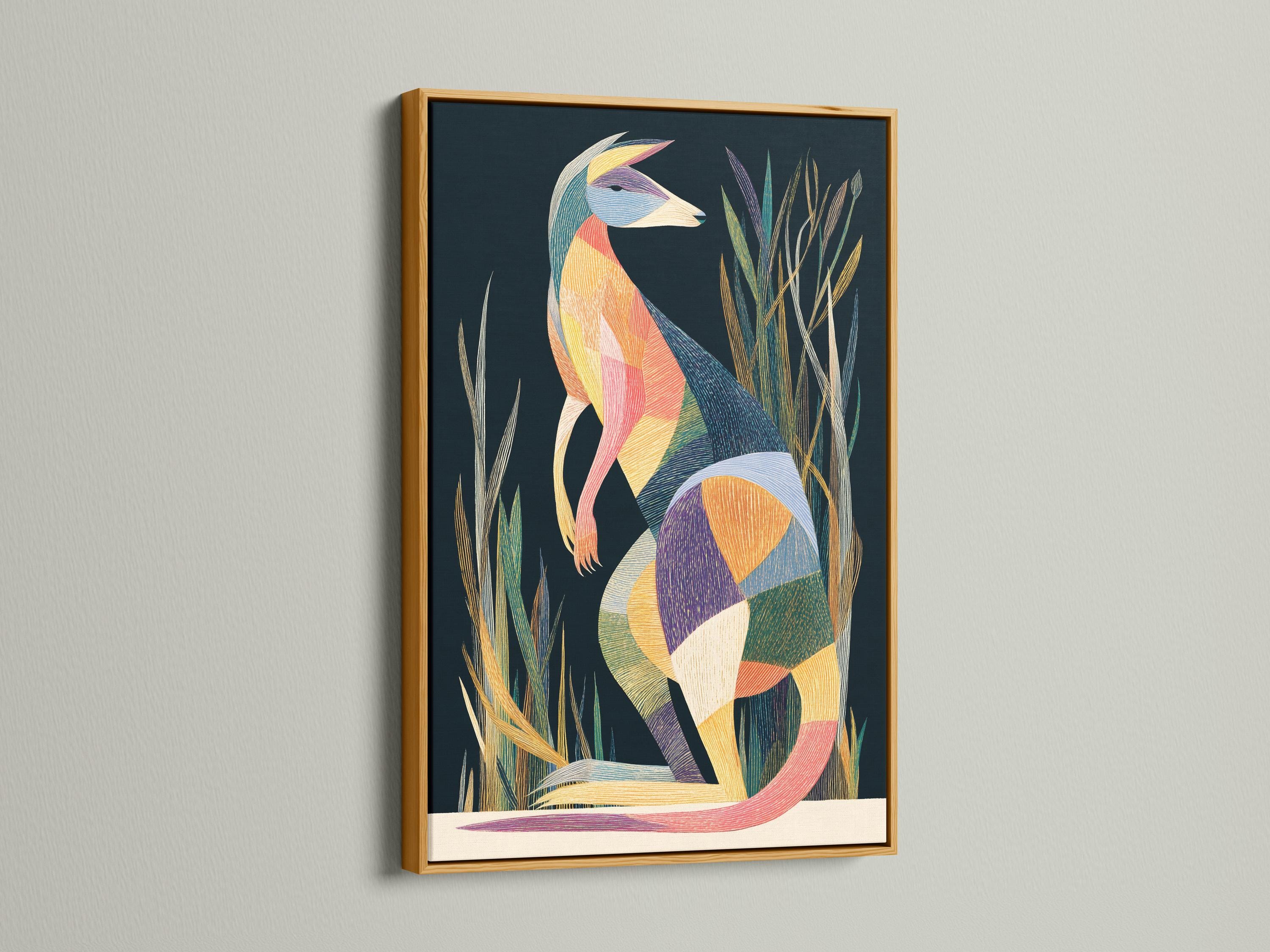 Wall mockup showing geometric kangaroo artwork in a framed design on a light wall