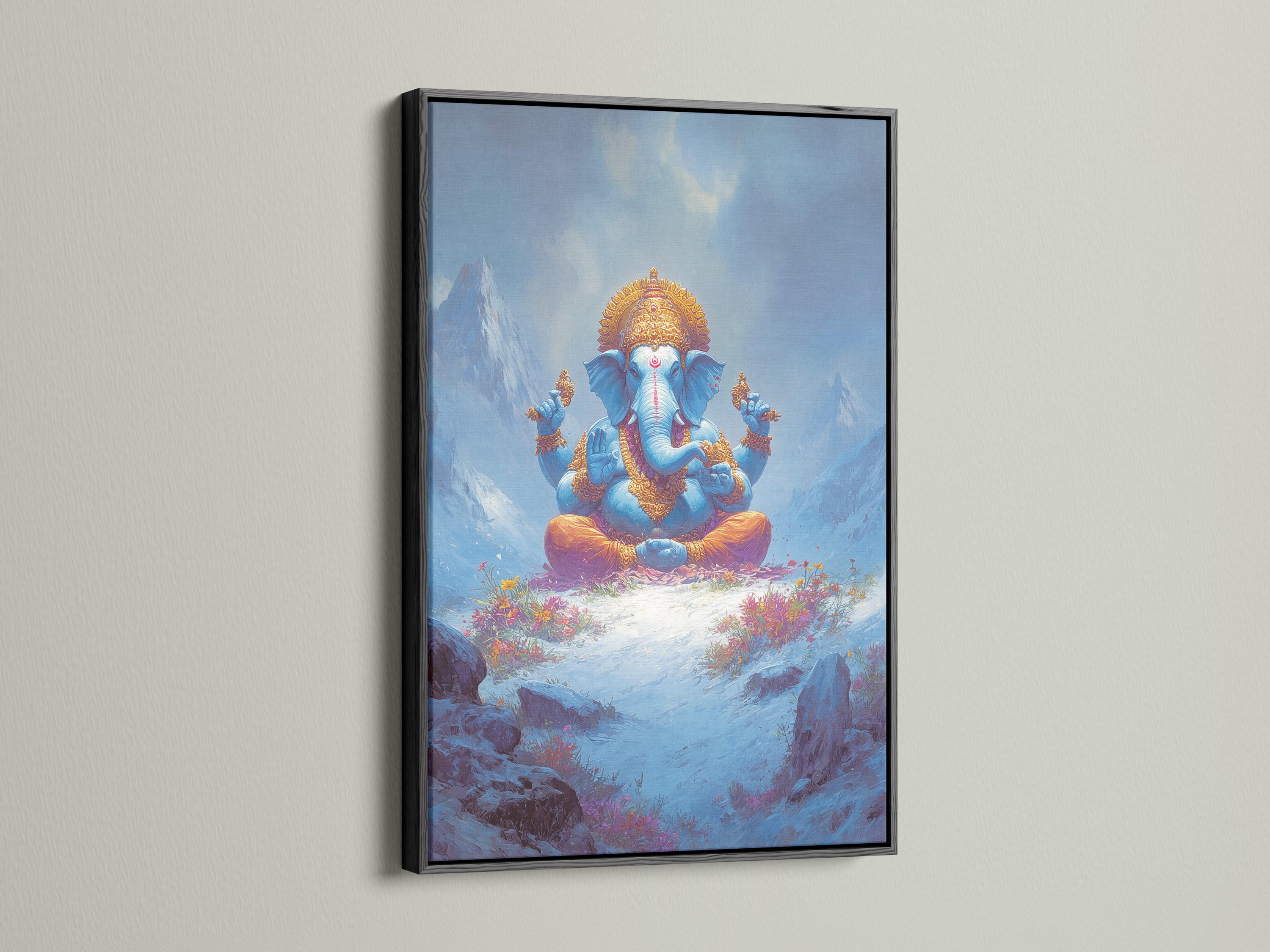 Framed artwork mockup showing a blue elephant-headed deity figure seated in meditation in a misty mountain scene