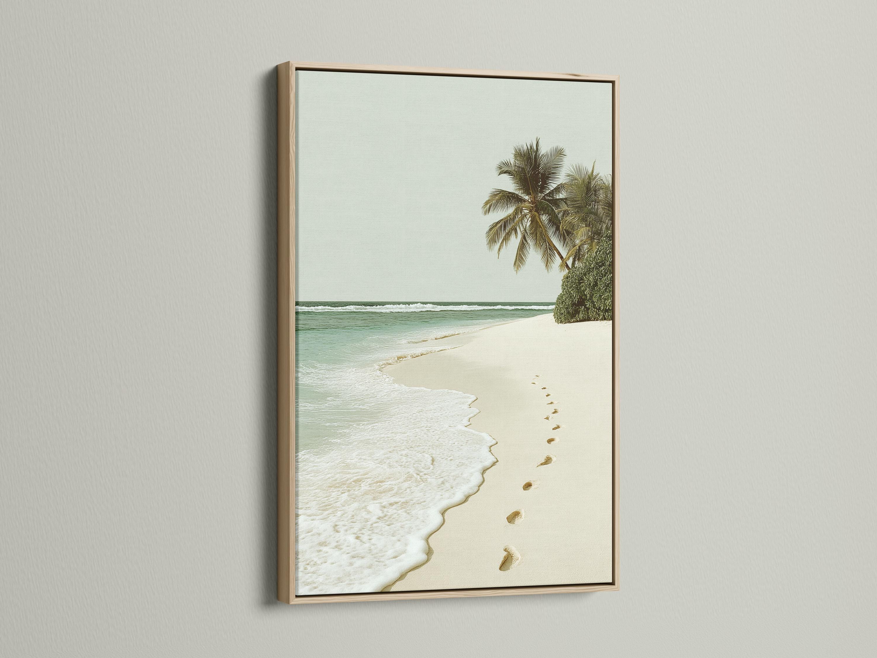Palm beach seascape with turquoise ocean, sandy shore and footprints leading along the beach detail view