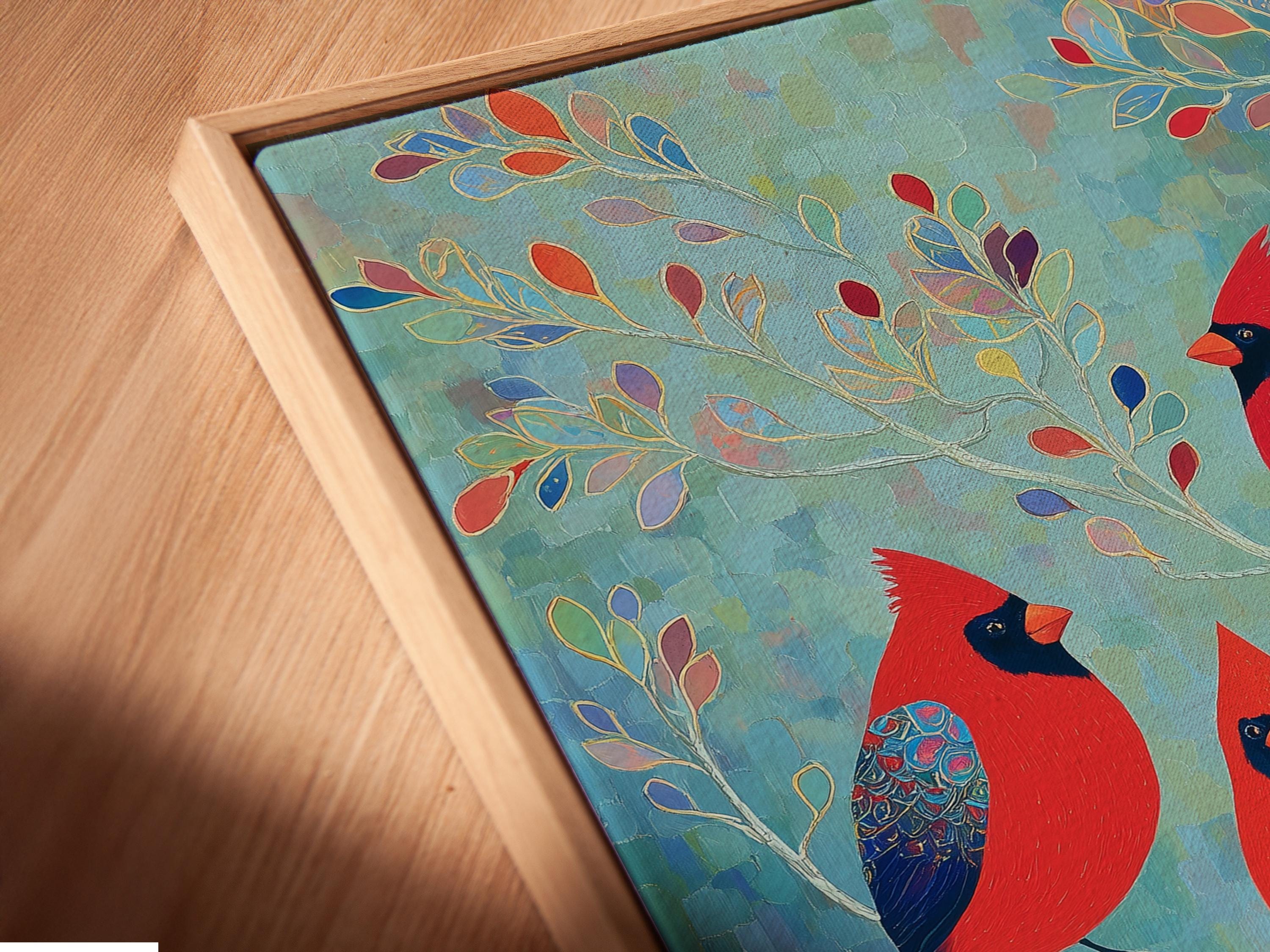 Portrait wildlife artwork with red cardinals perched on branches against a teal blue background detail view