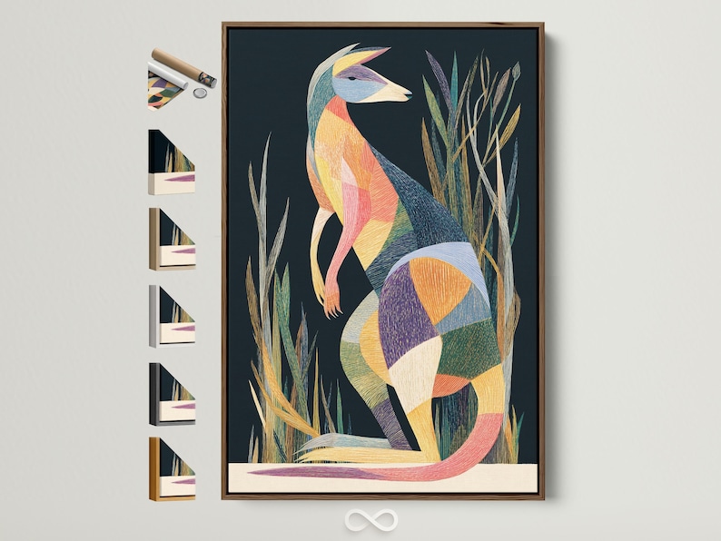 Geometric kangaroo artwork in profile with tall grass and multicolour textured blocks on a deep navy background