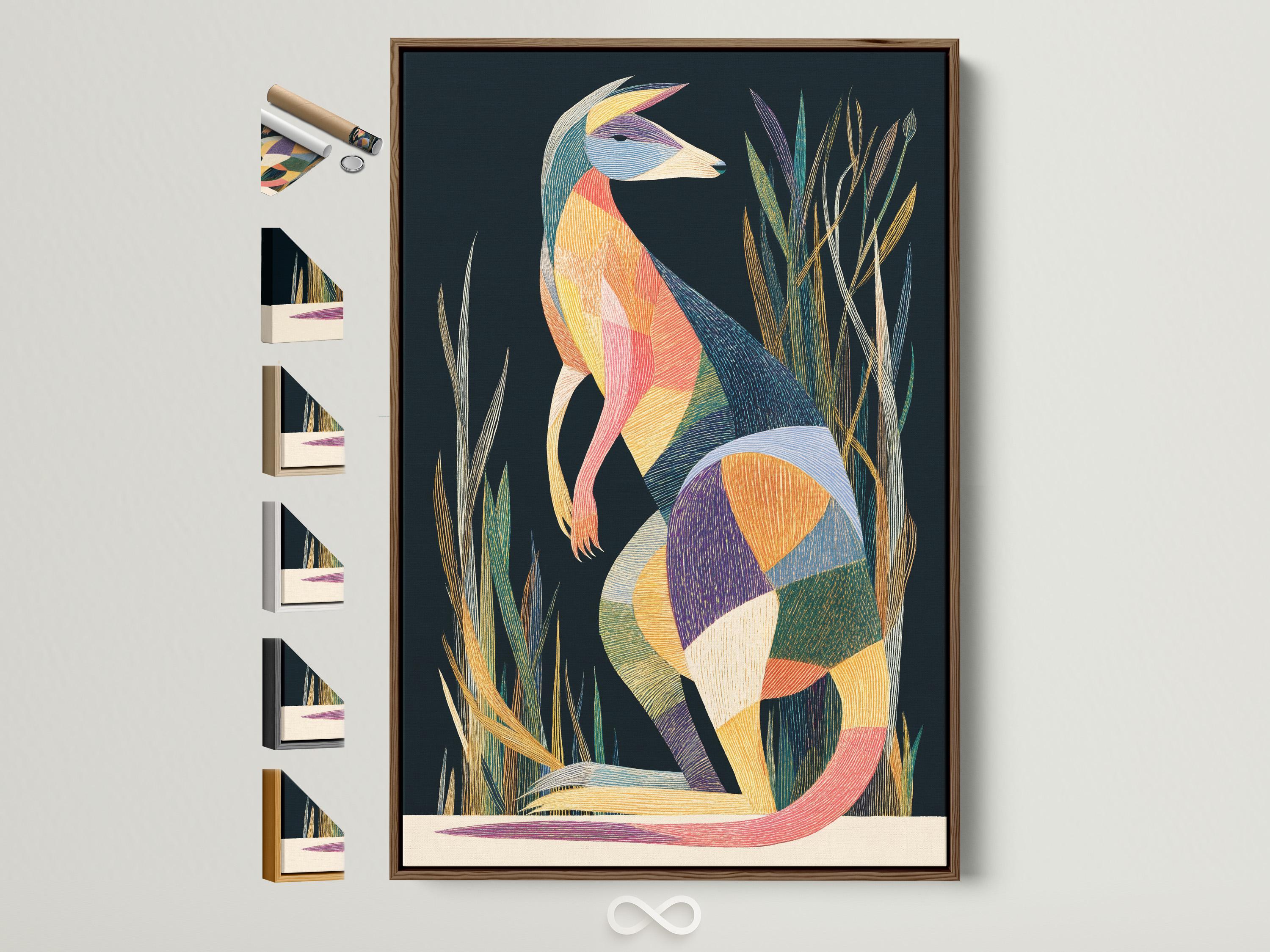 Geometric kangaroo artwork in profile with tall grass and multicolour textured blocks on a deep navy background