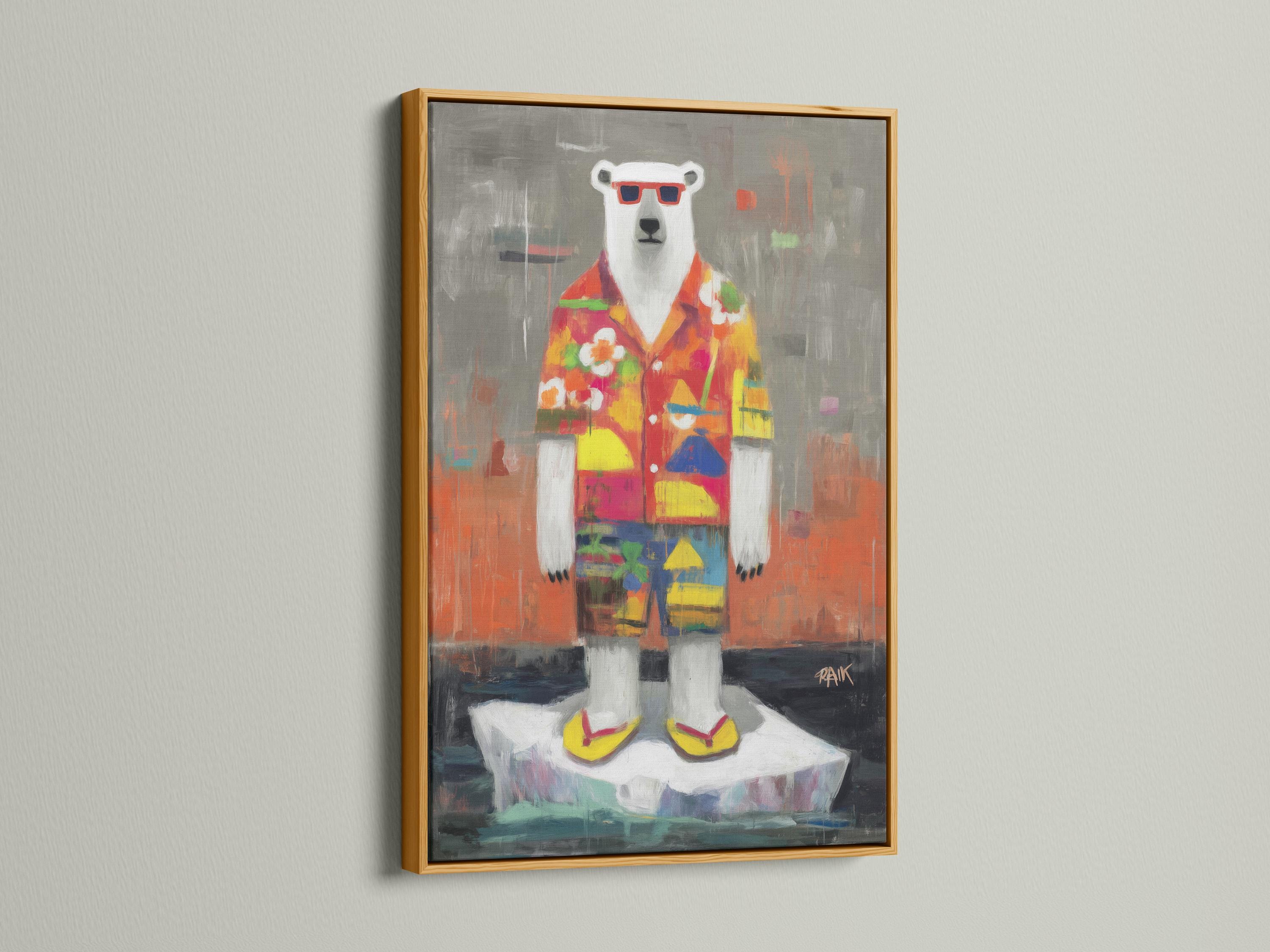 Stylised polar bear wearing red sunglasses and a colourful tropical shirt against a grey background detail view