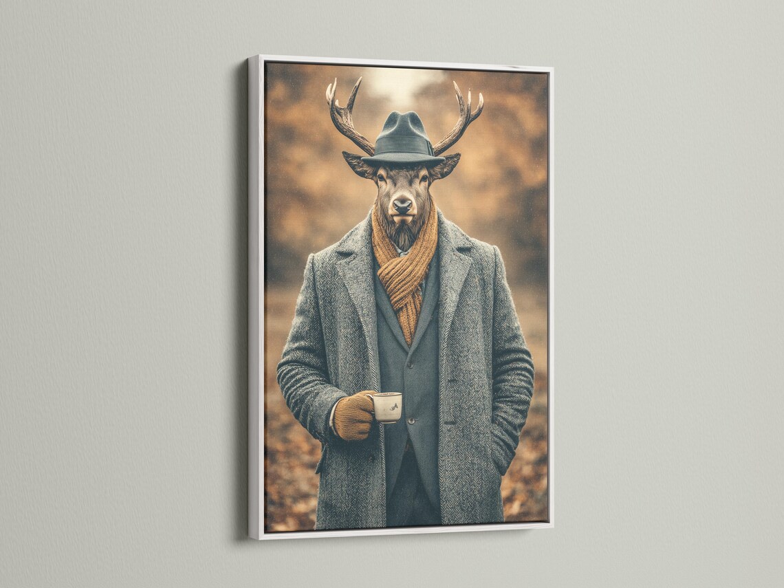 Gentleman deer portrait wearing a hat, suit jacket and scarf against a warm brown haze background detail view