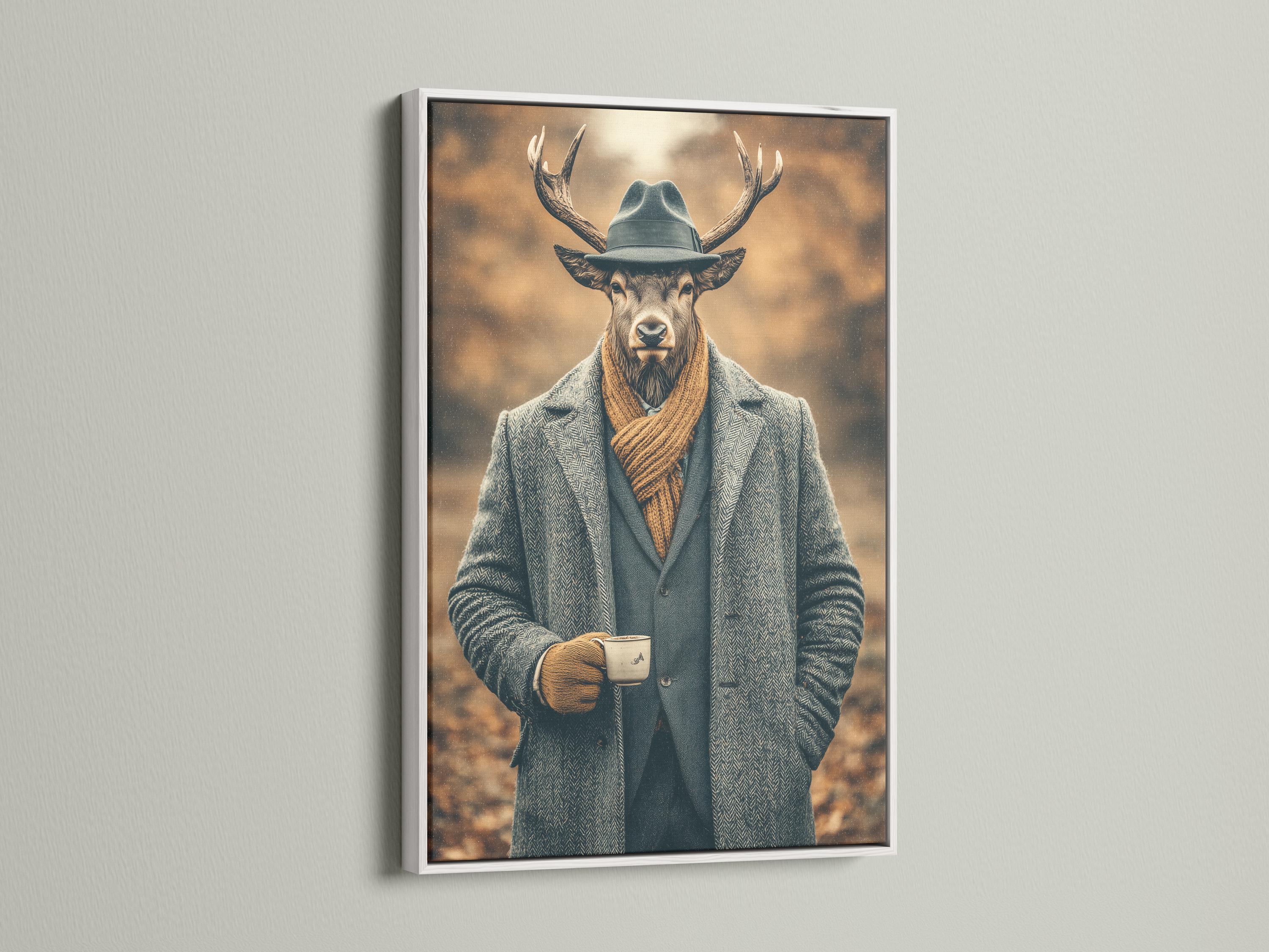 Gentleman deer portrait wearing a hat, suit jacket and scarf against a warm brown haze background detail view